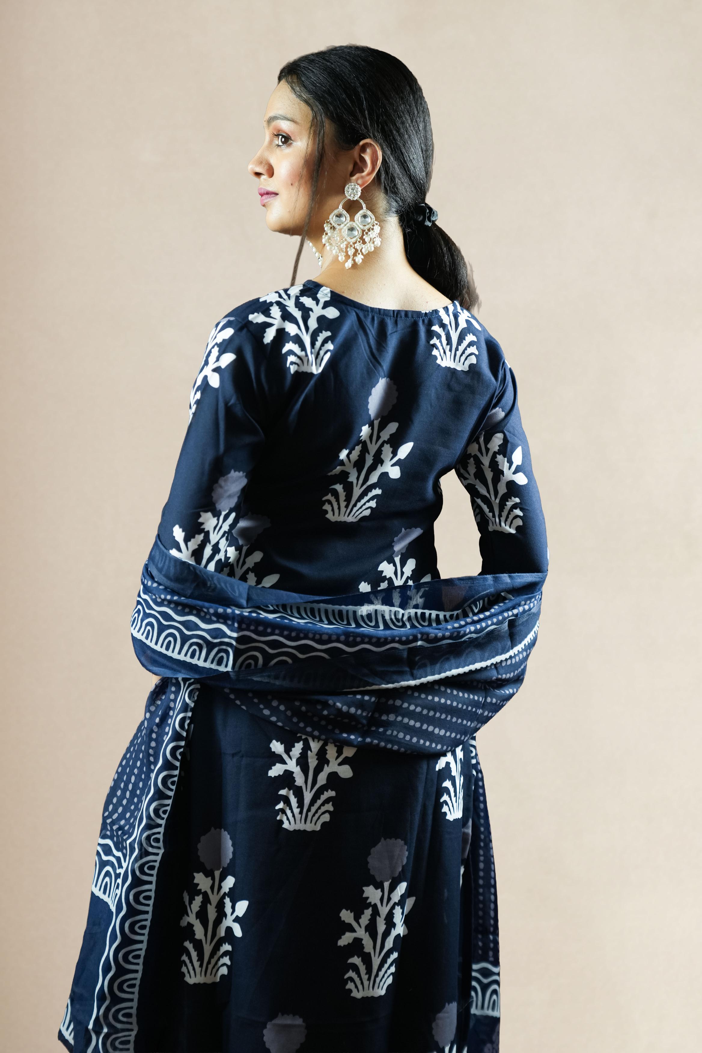 Navy Blue Printed Suit Set