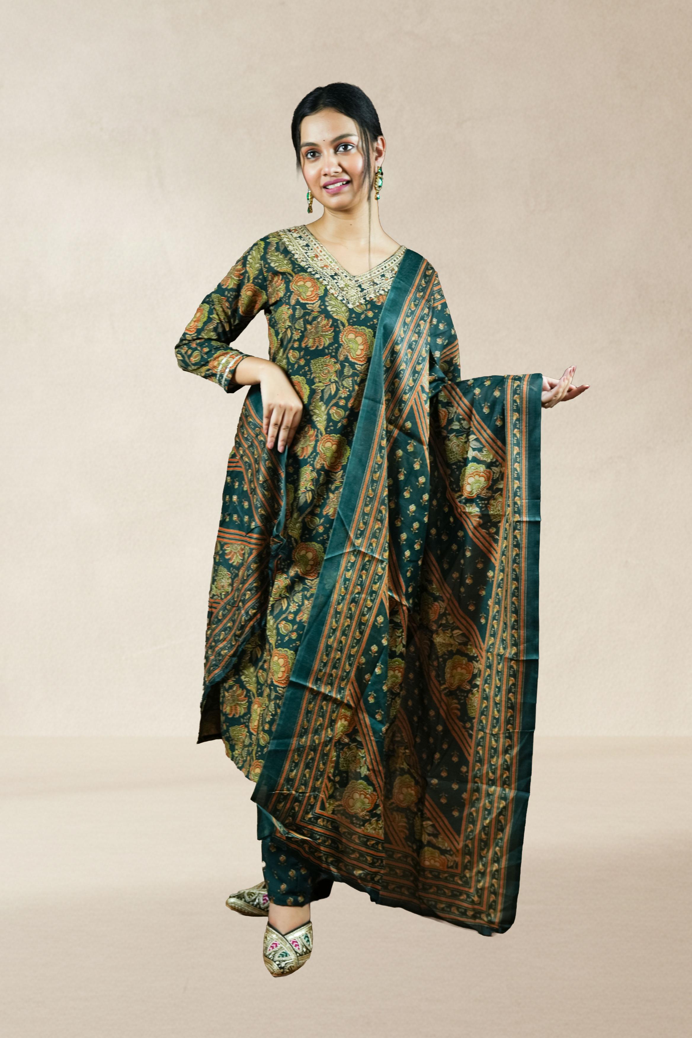 Bottle Green Floral Printed Suit Set