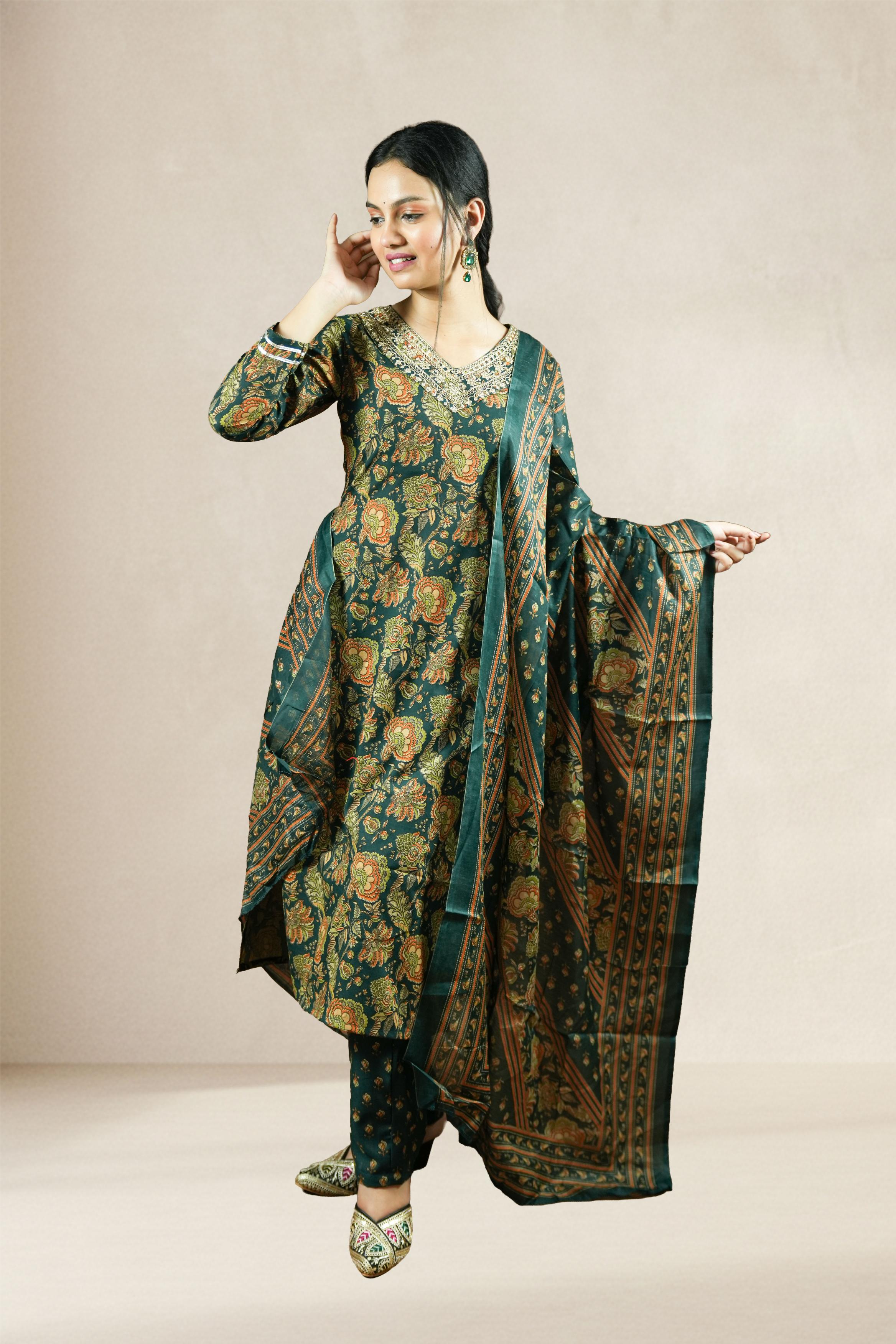 Bottle Green Floral Printed Suit Set
