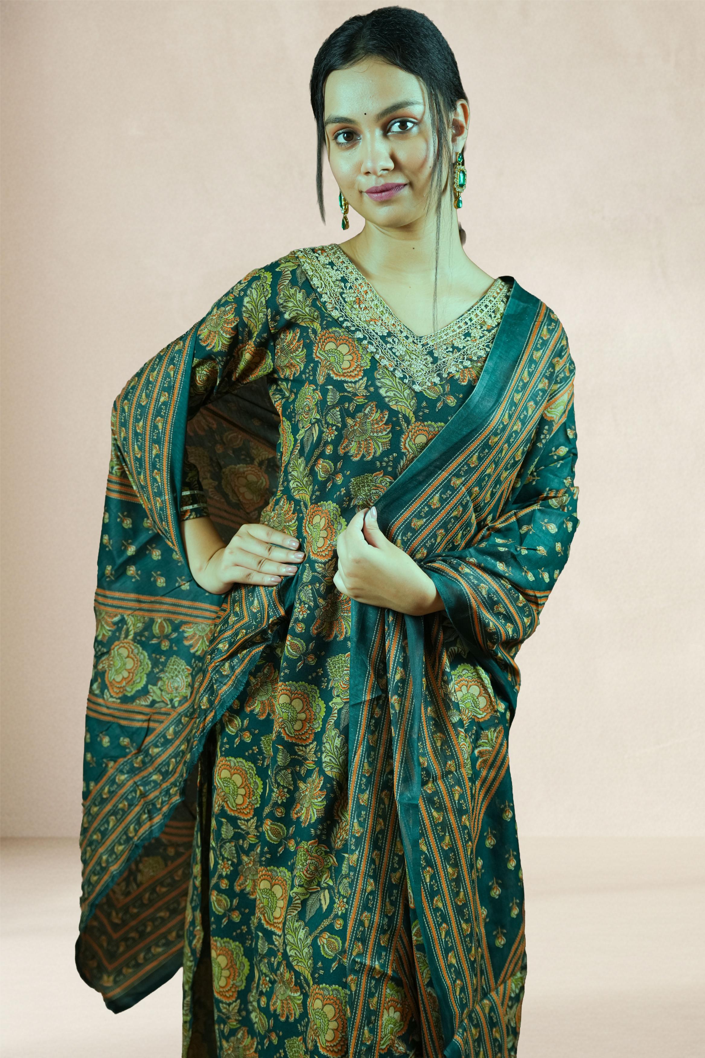 Bottle Green Floral Printed Suit Set