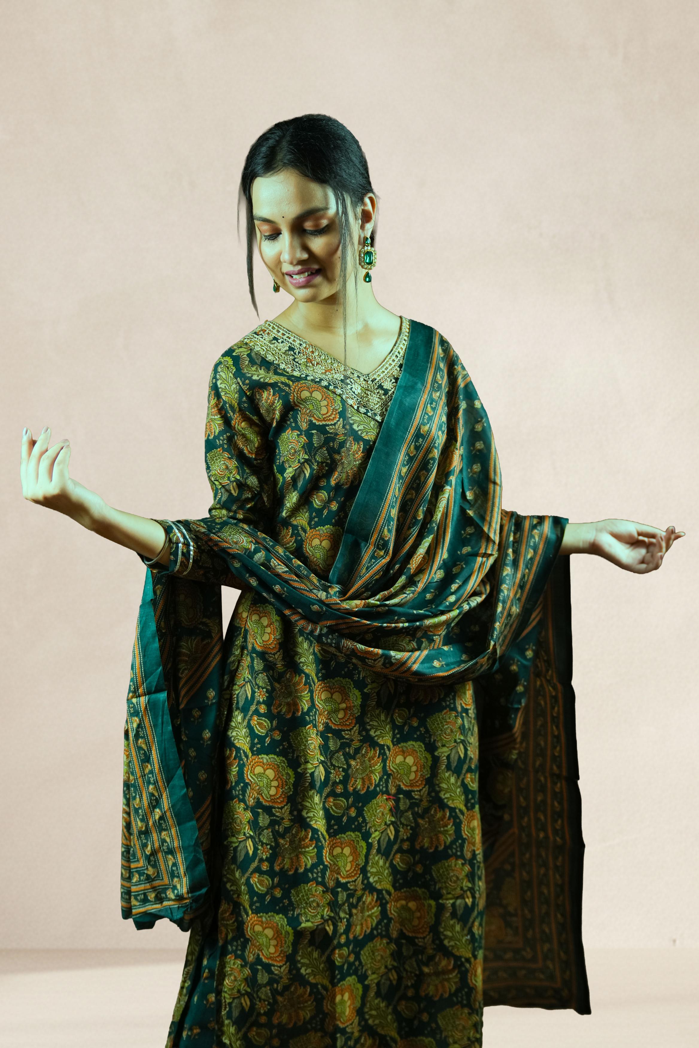 Bottle Green Floral Printed Suit Set