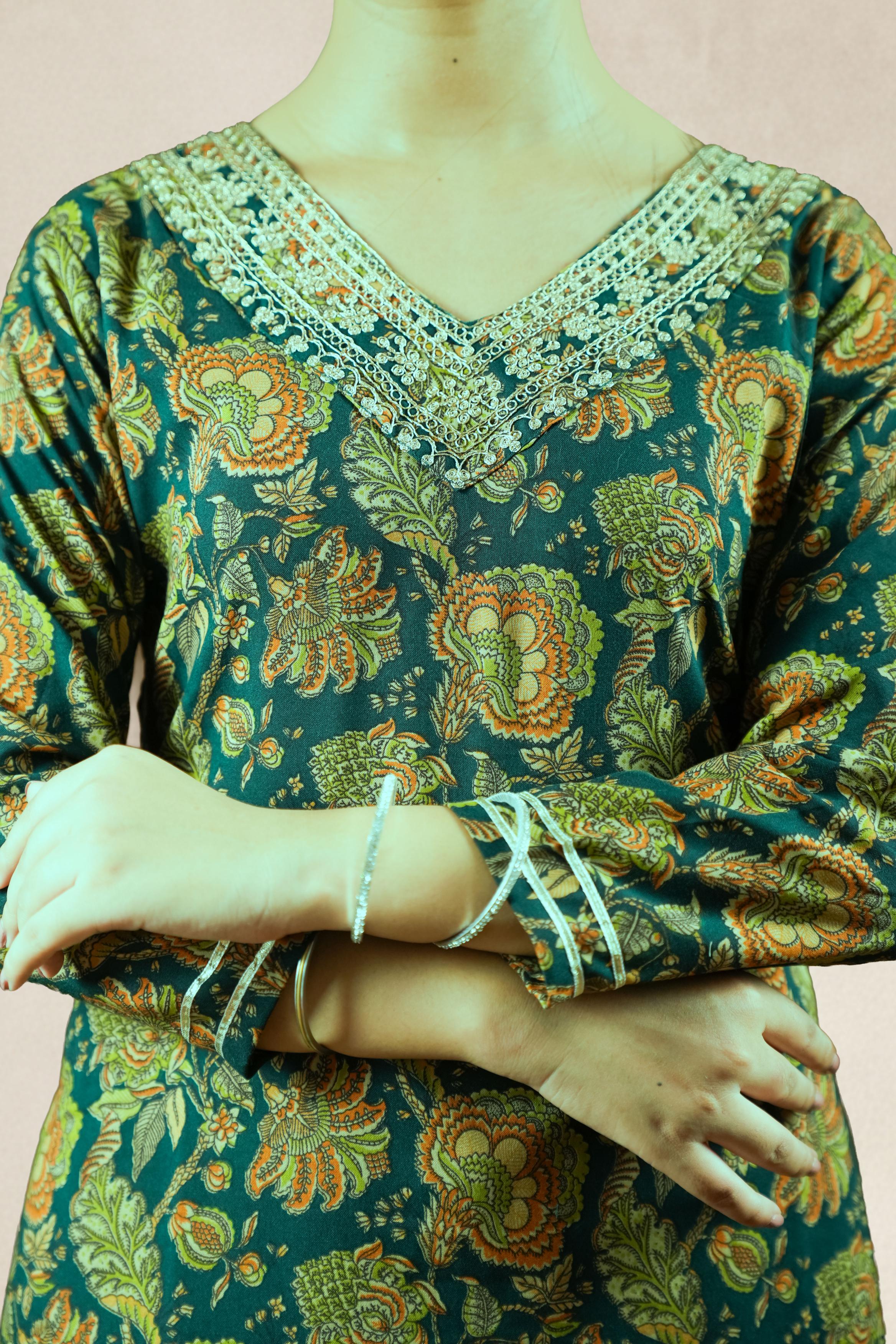 Bottle Green Floral Printed Suit Set