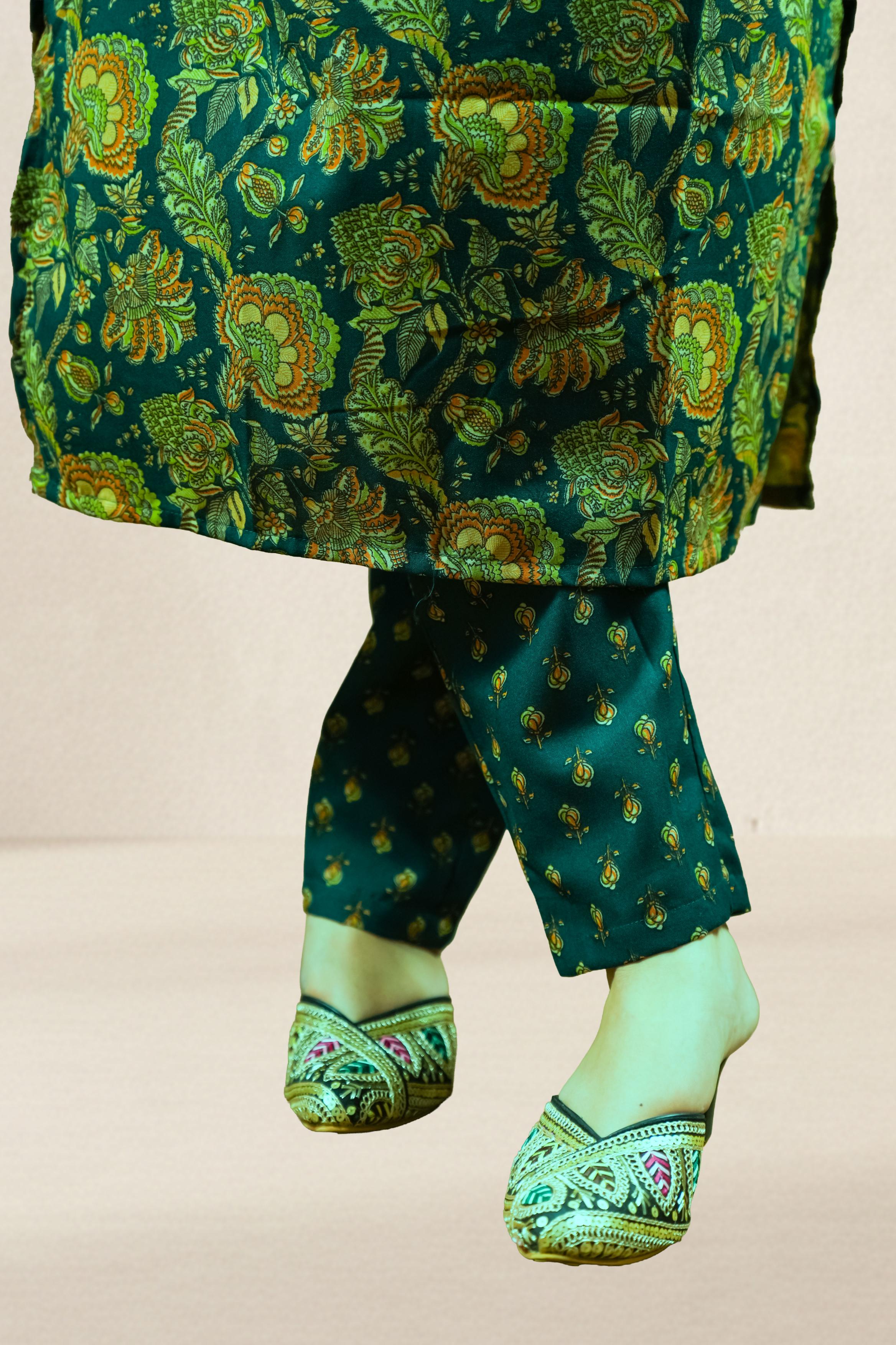 Bottle Green Floral Printed Suit Set