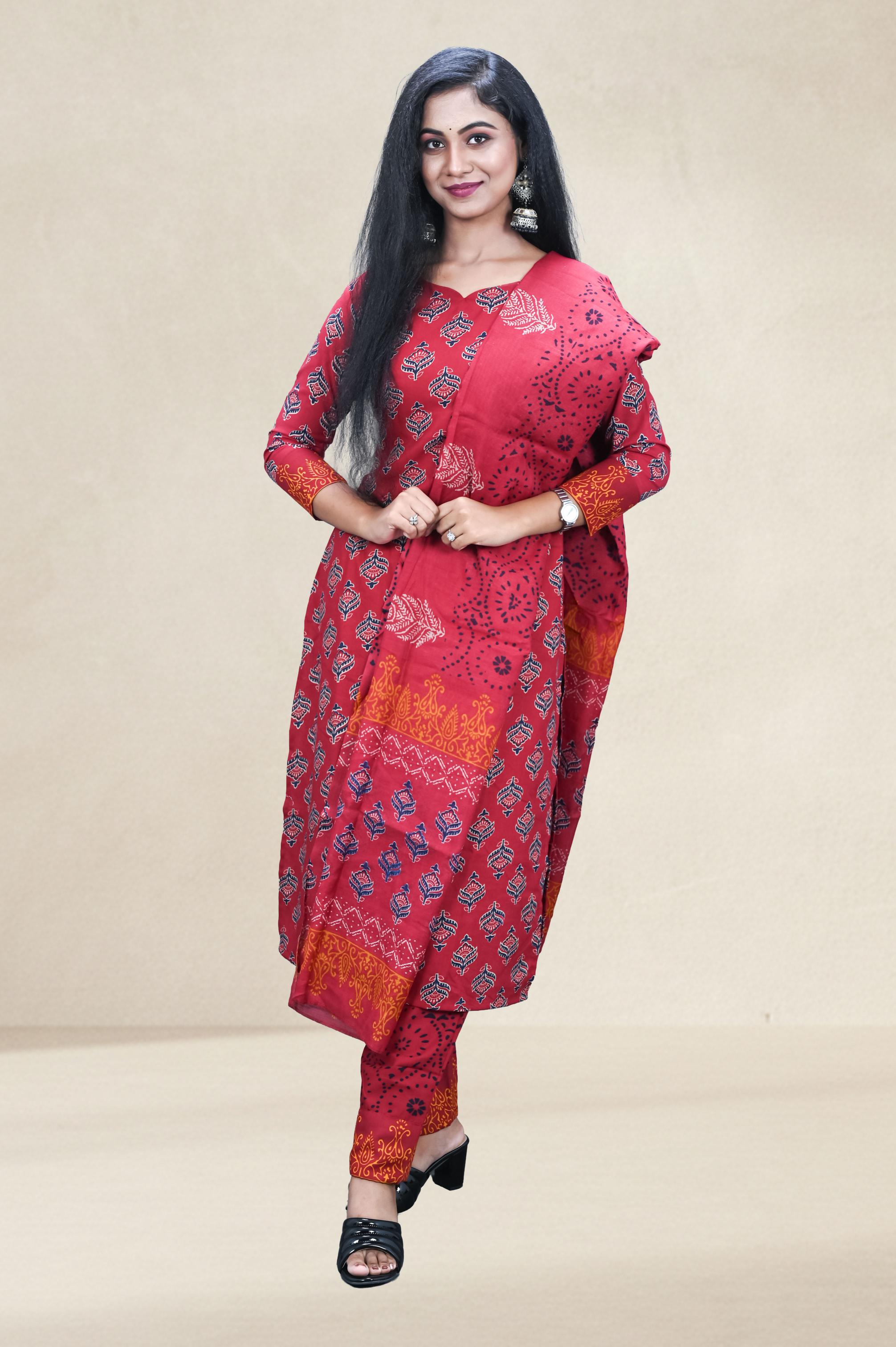 Red Printed Cotton Suit Set