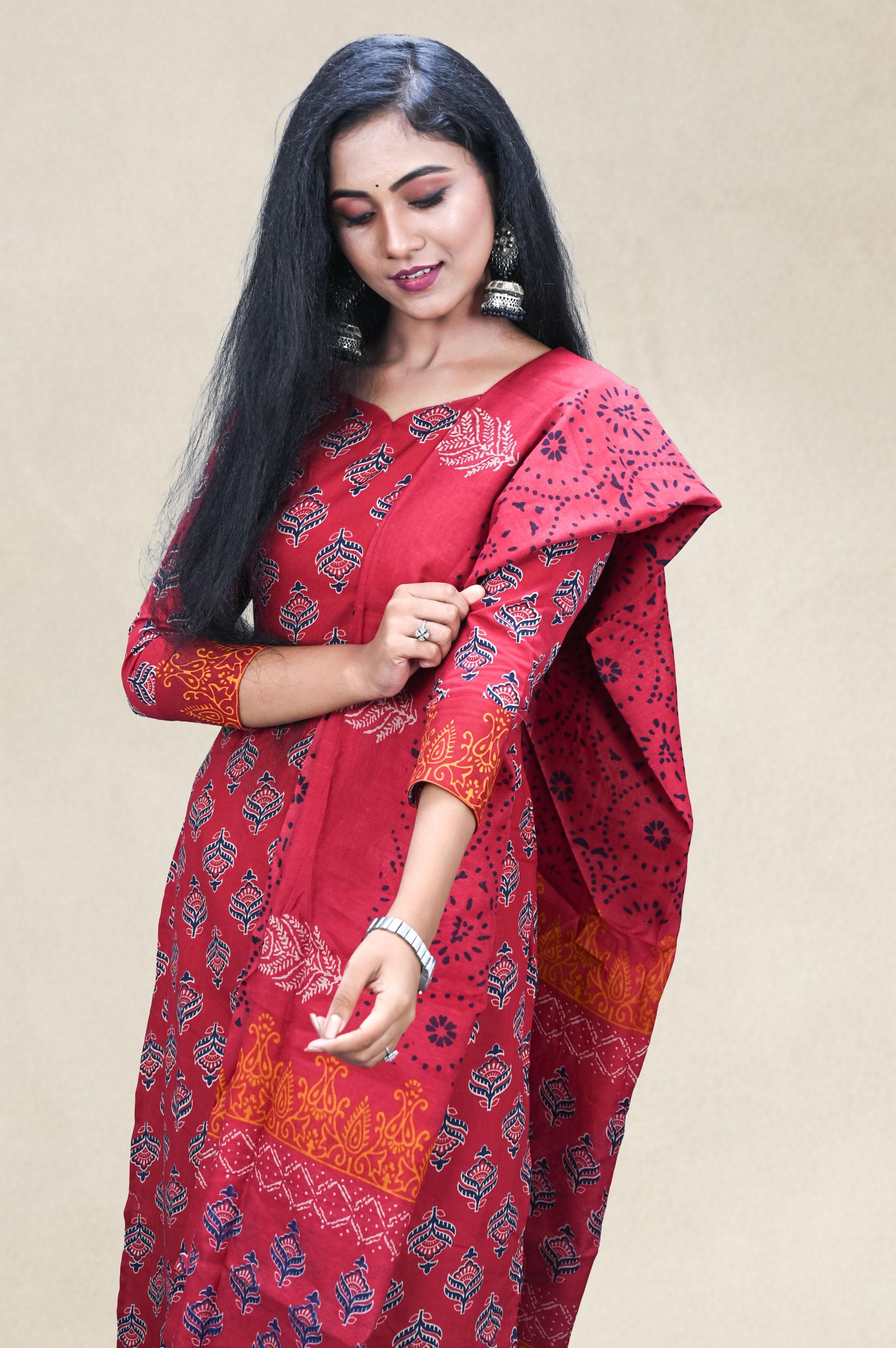 Red Printed Cotton Suit Set