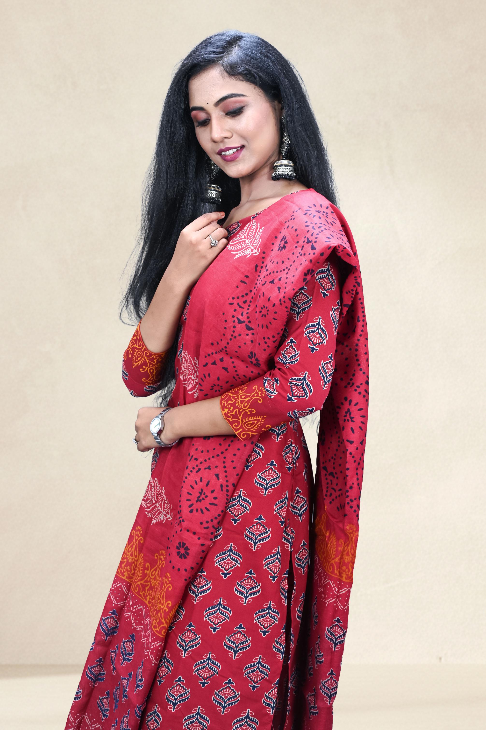 Red Printed Cotton Suit Set