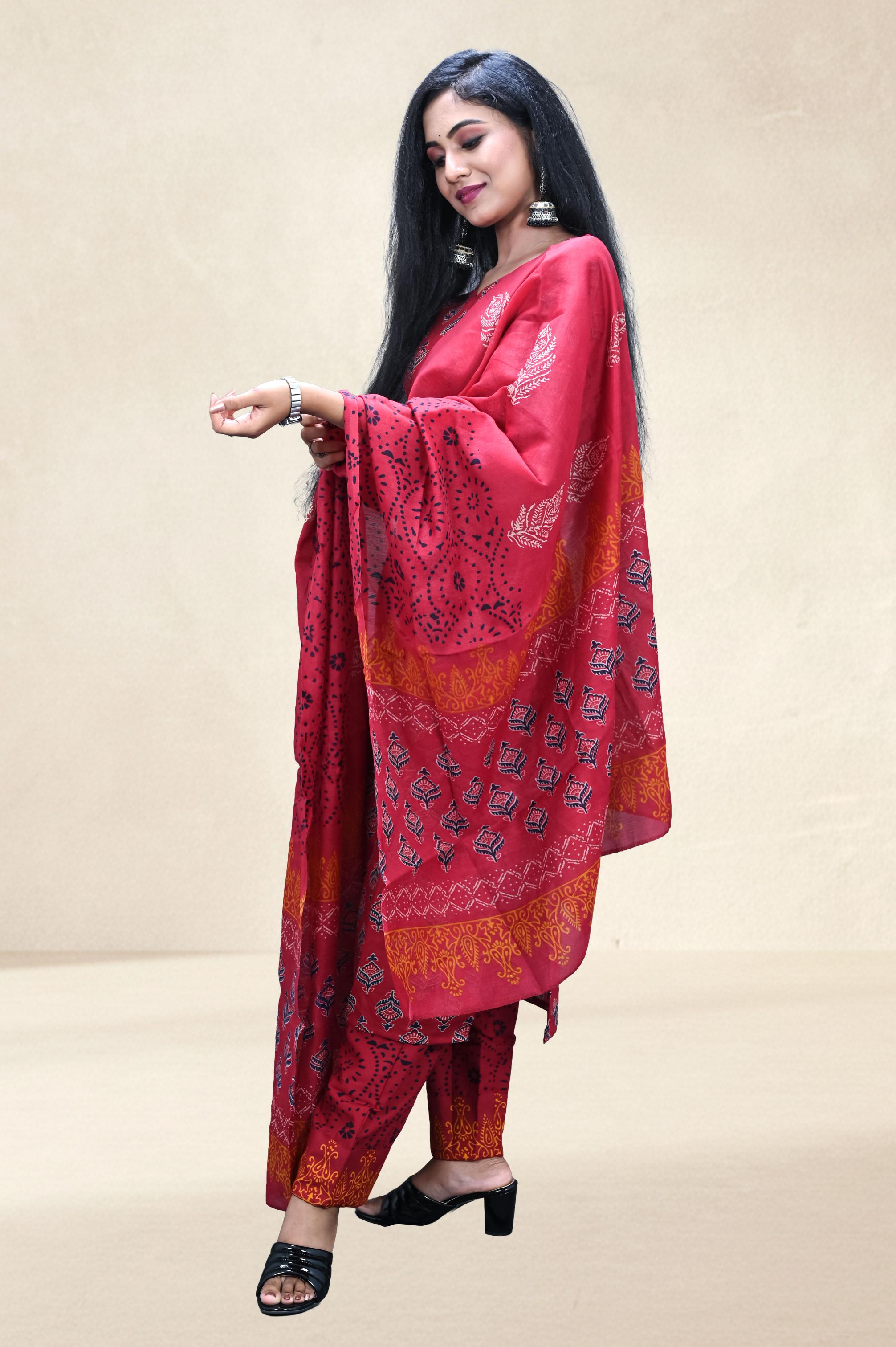 Red Printed Cotton Suit Set