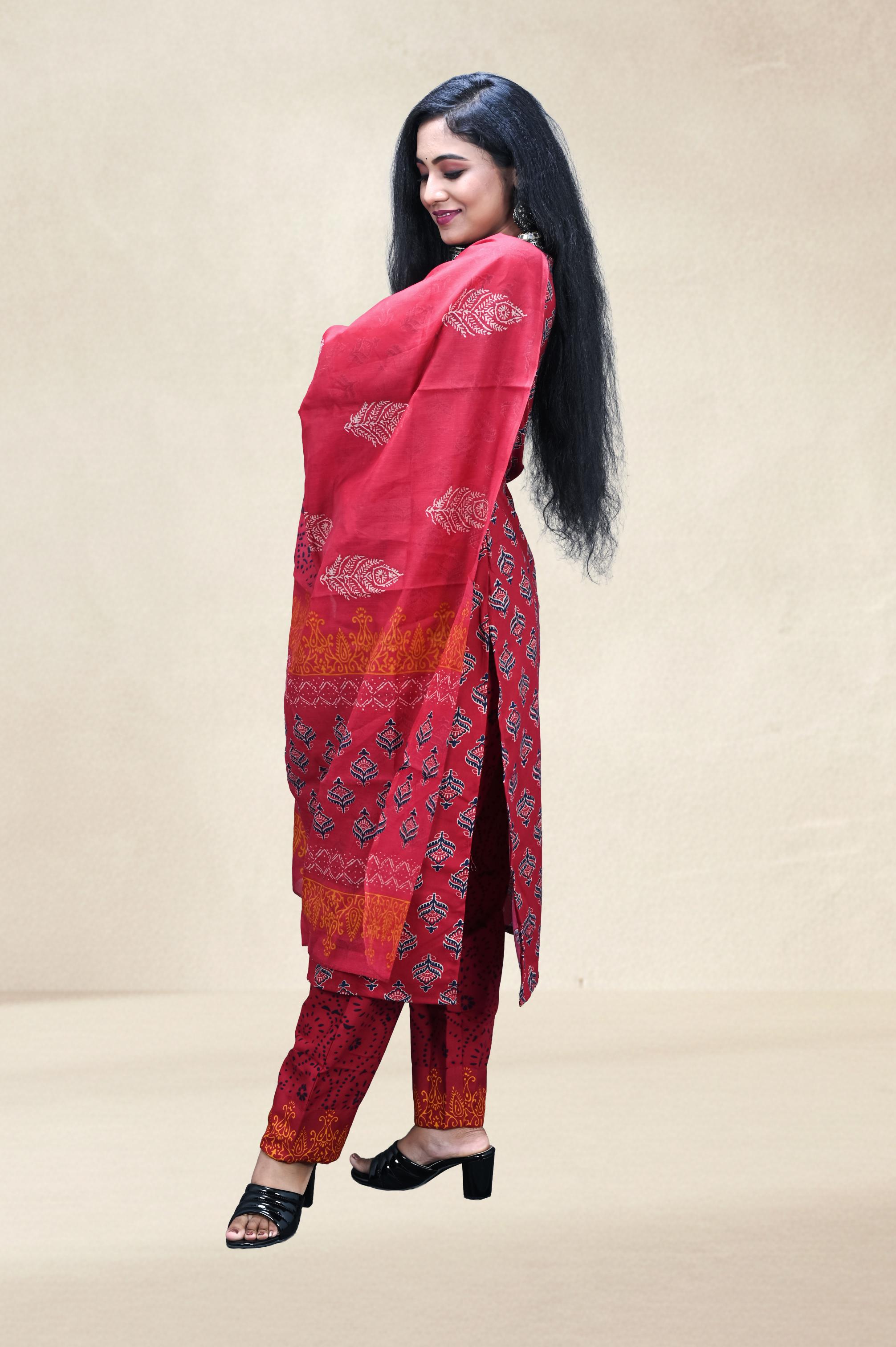 Red Printed Cotton Suit Set