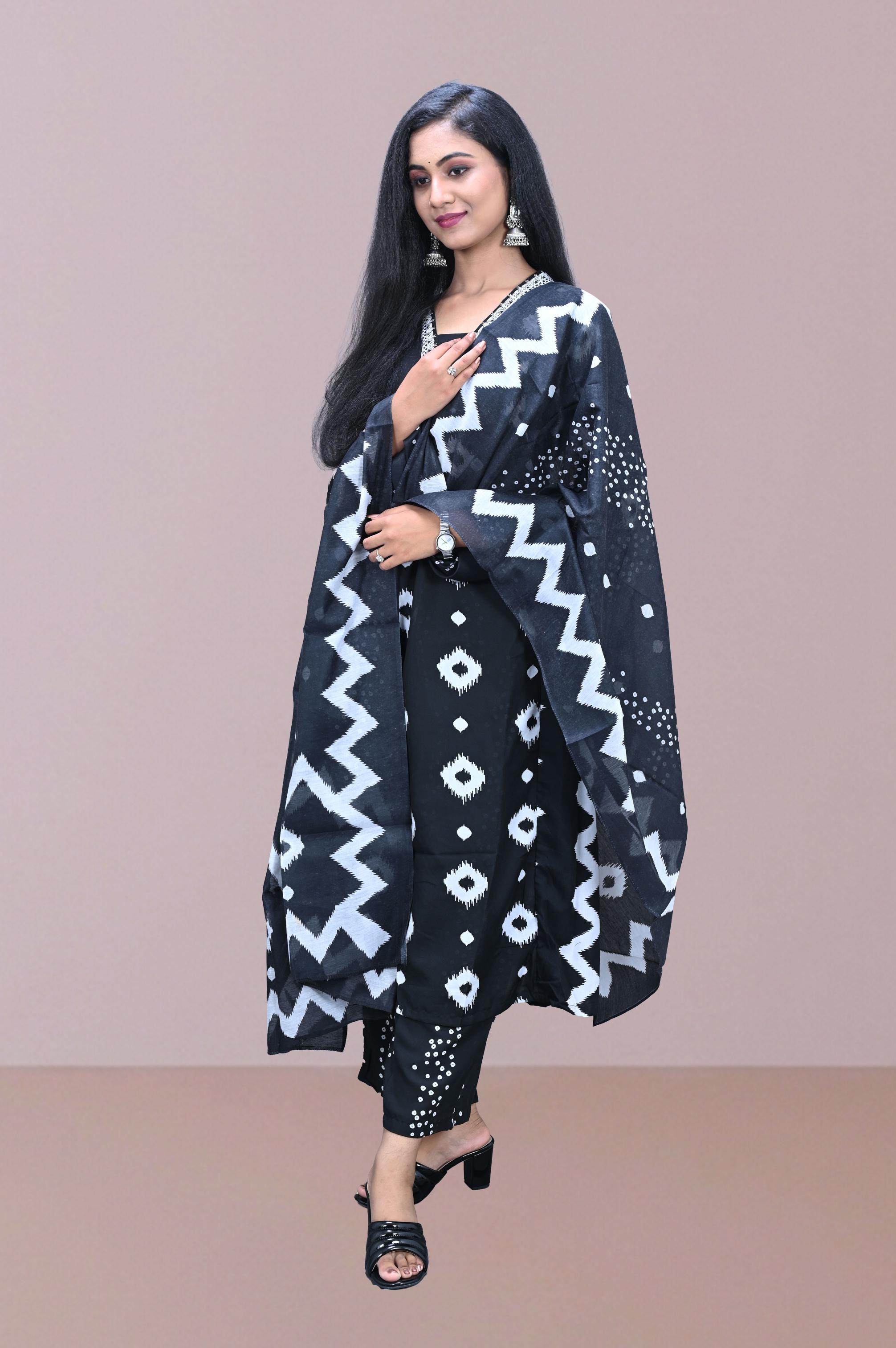 Black & White Bandhani Printed Suit Set