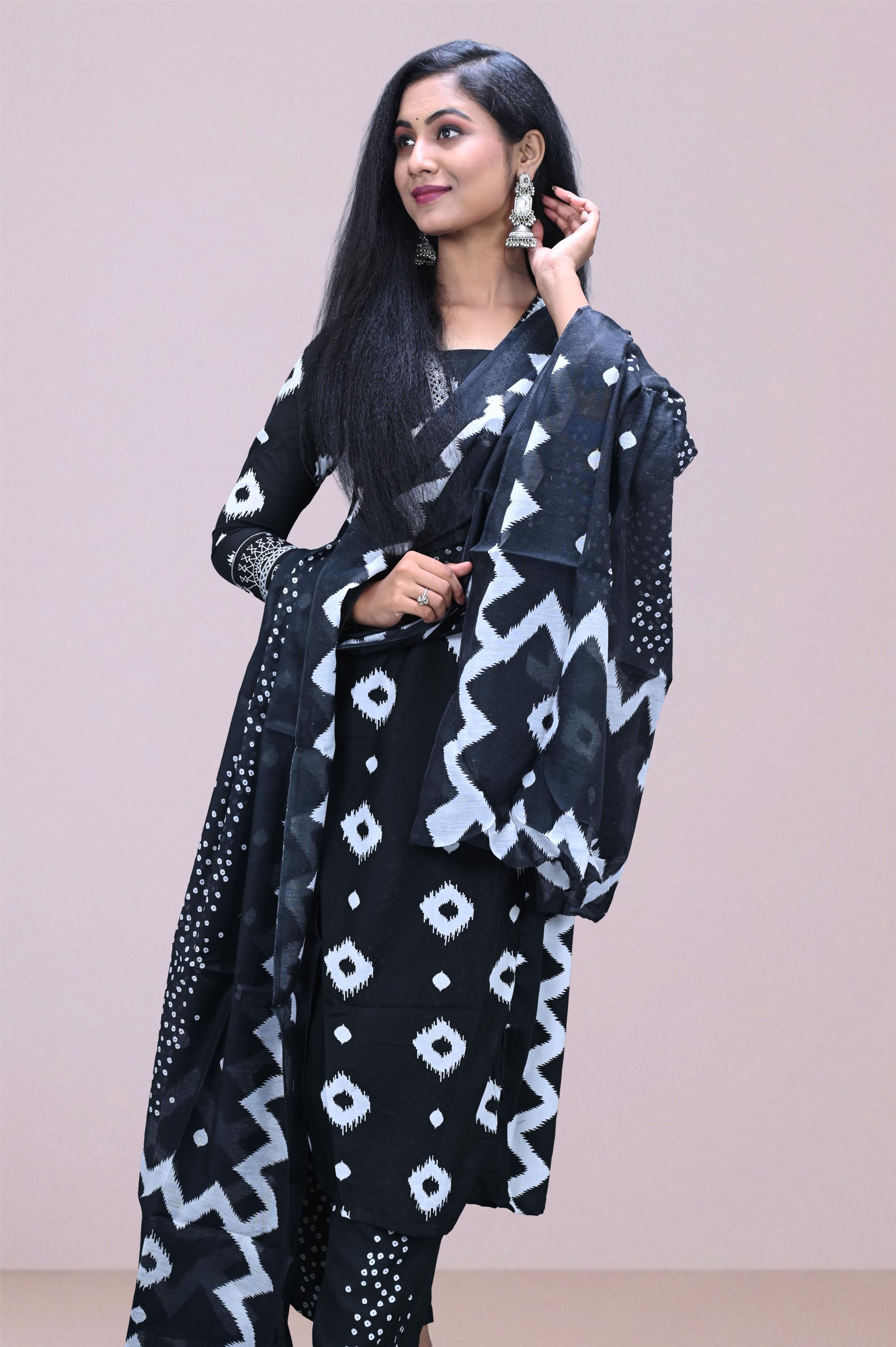 Black & White Bandhani Printed Suit Set
