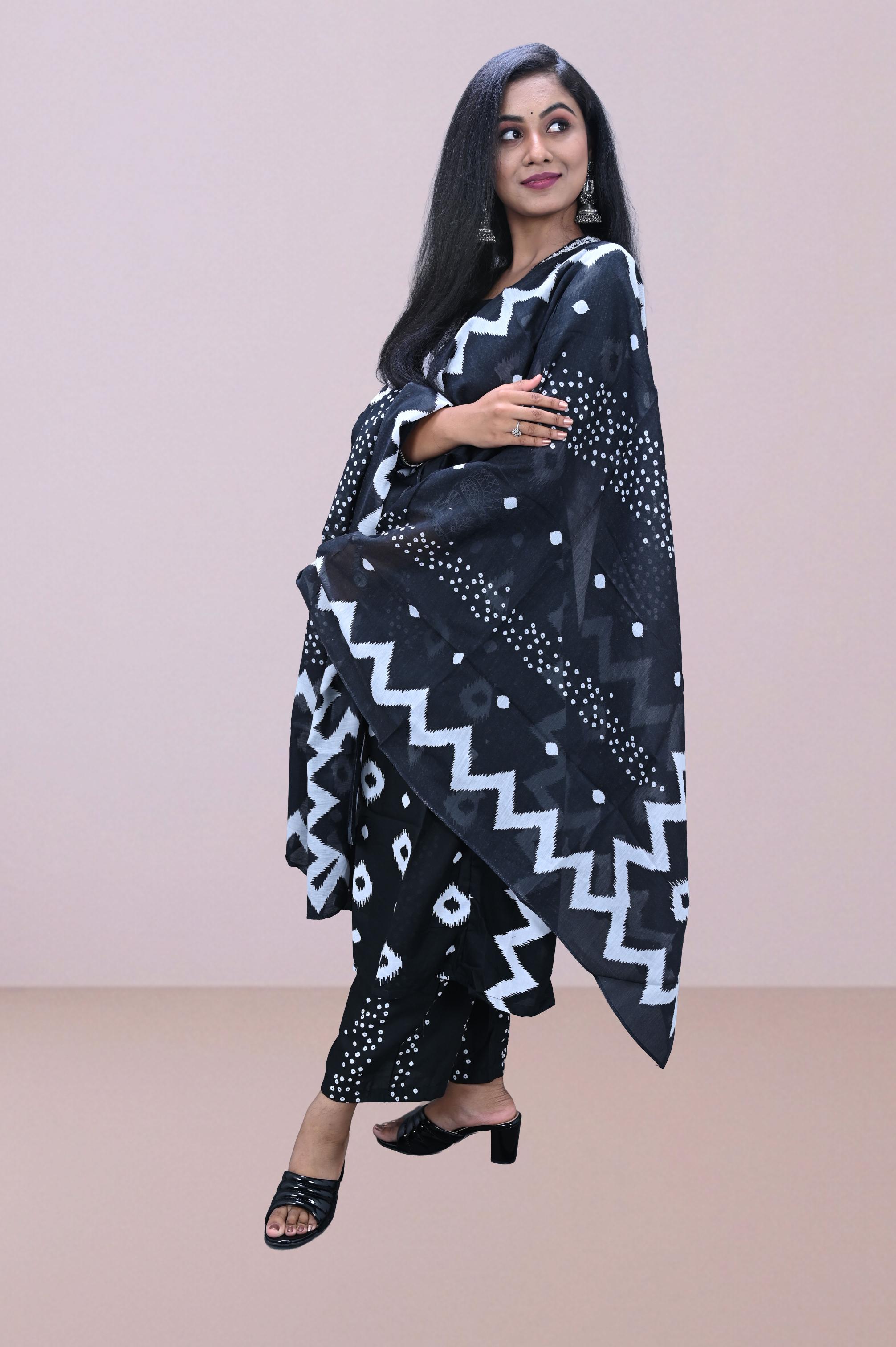 Black & White Bandhani Printed Suit Set