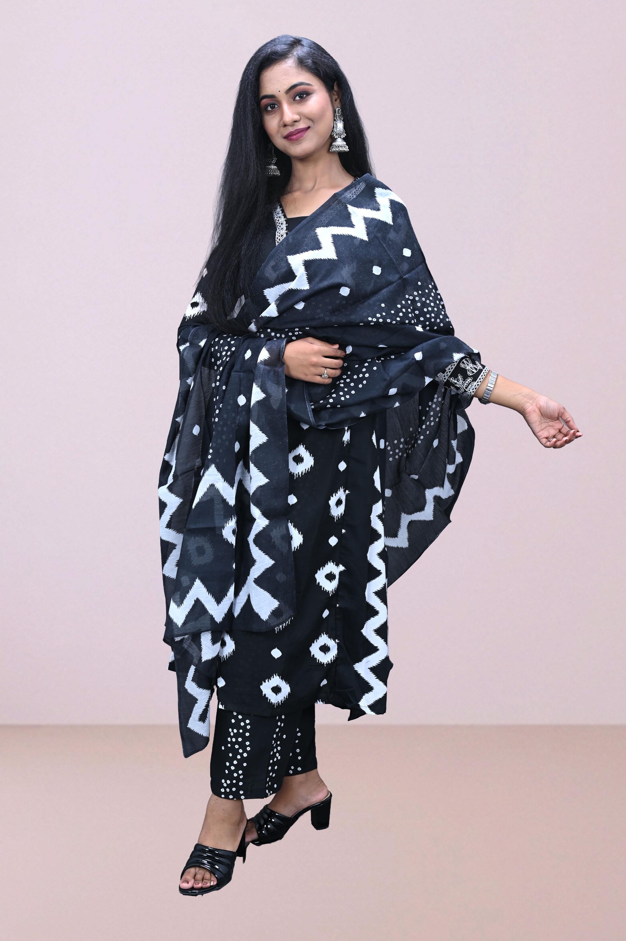 Black & White Bandhani Printed Suit Set