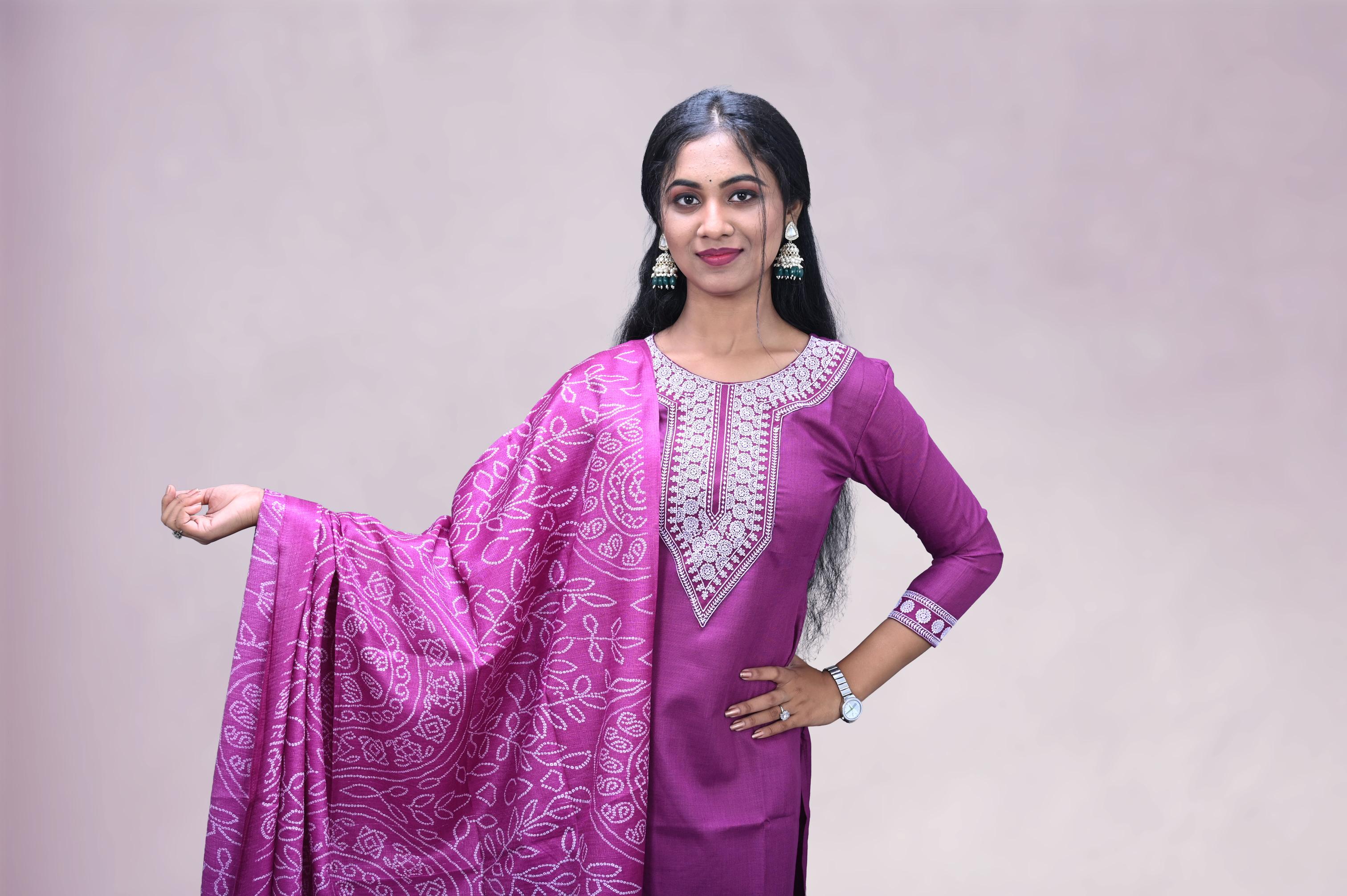 Magenta Pink Embroidered Suit Set with Printed Dupatta