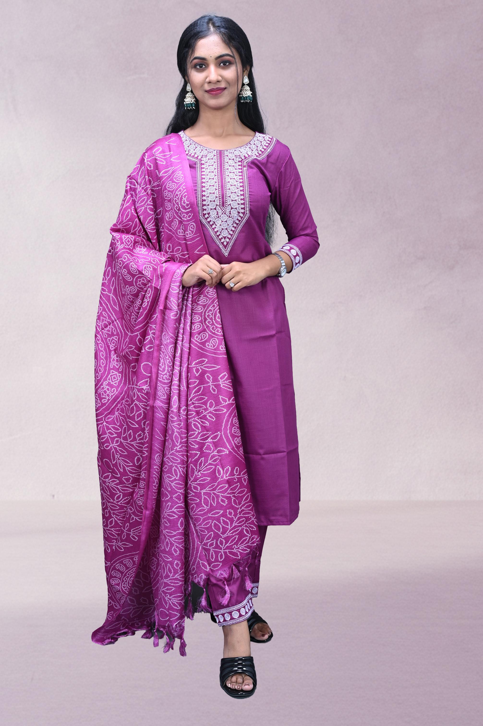 Magenta Pink Embroidered Suit Set with Printed Dupatta