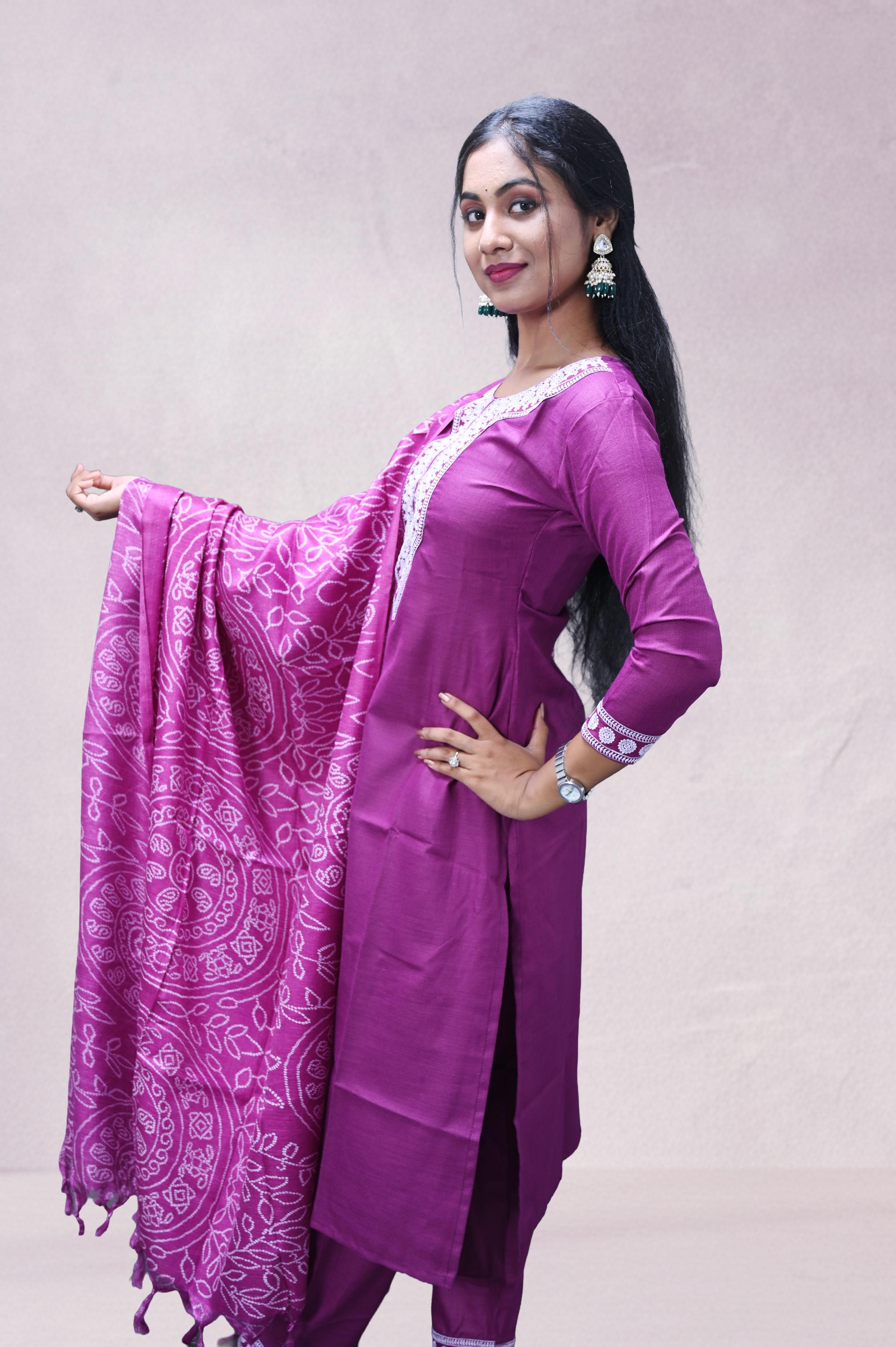Magenta Pink Embroidered Suit Set with Printed Dupatta