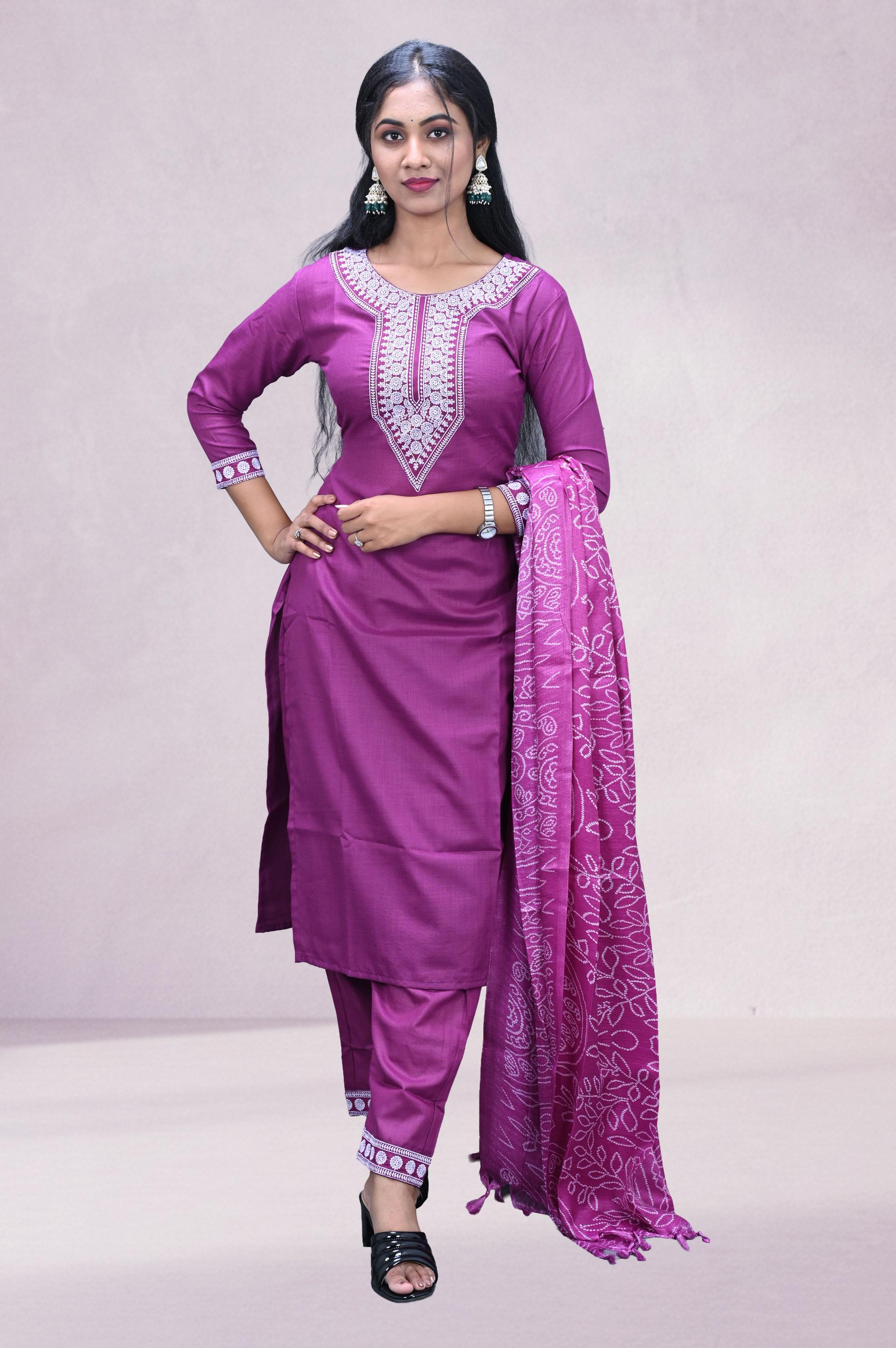 Magenta Pink Embroidered Suit Set with Printed Dupatta