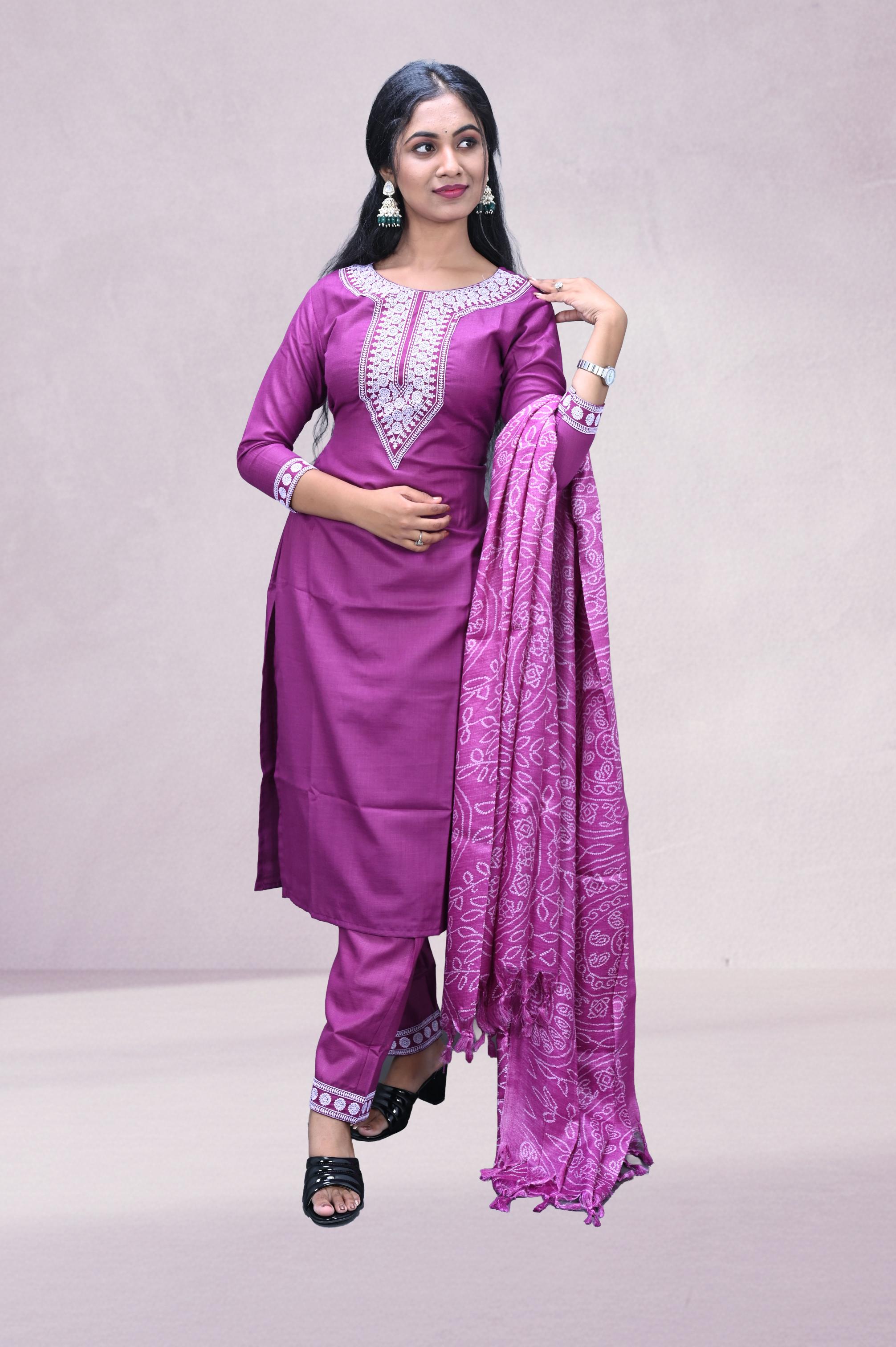 Magenta Pink Embroidered Suit Set with Printed Dupatta