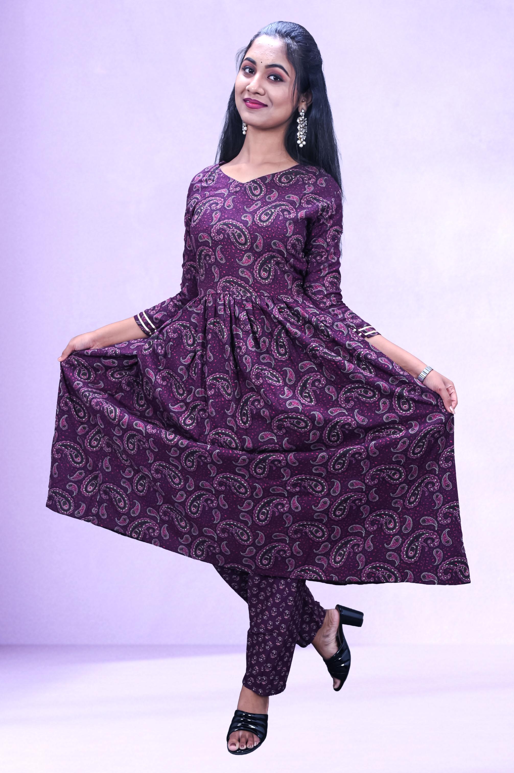 Purple Floral Printed  Suit Set