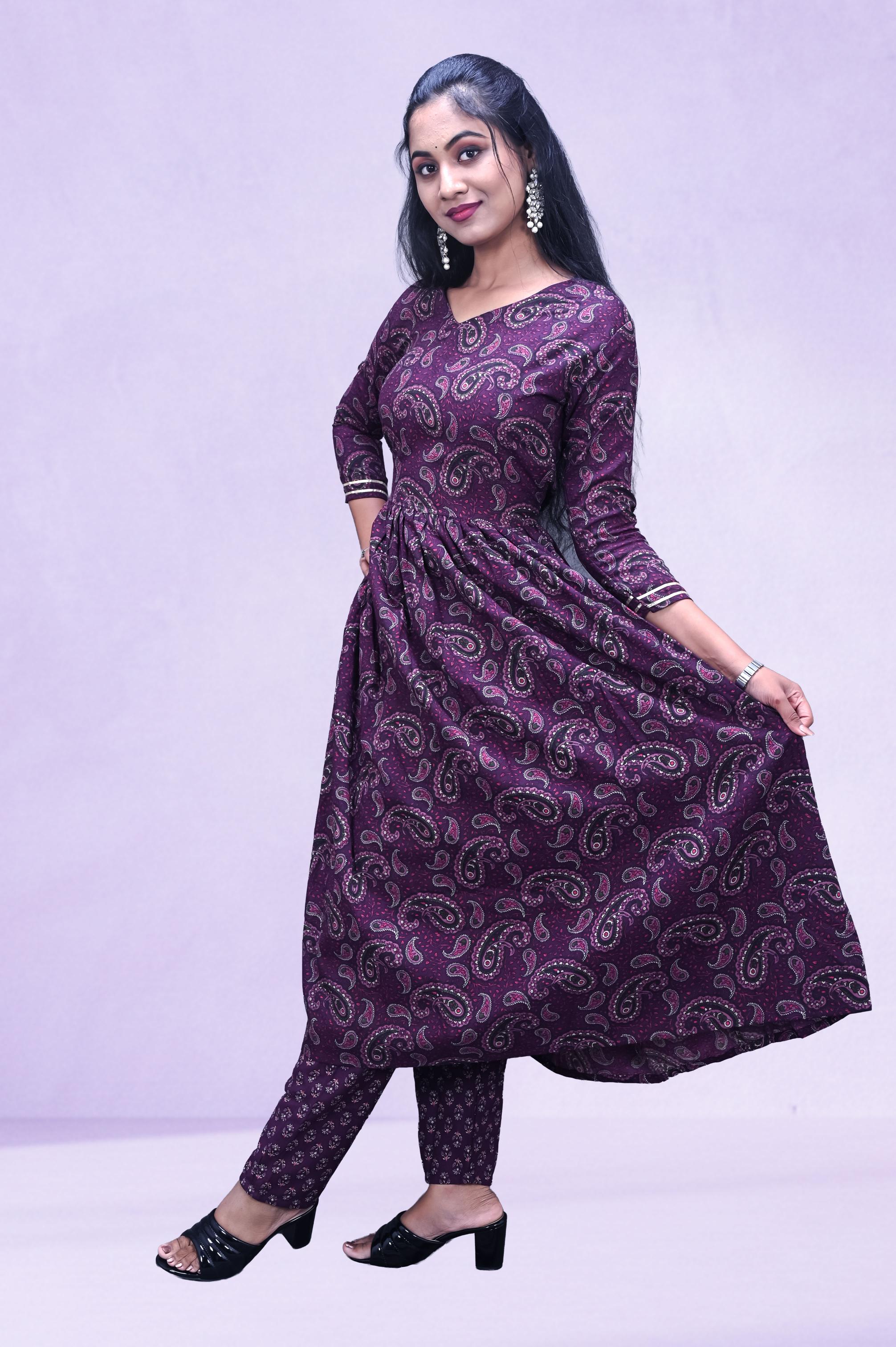 Purple Floral Printed  Suit Set