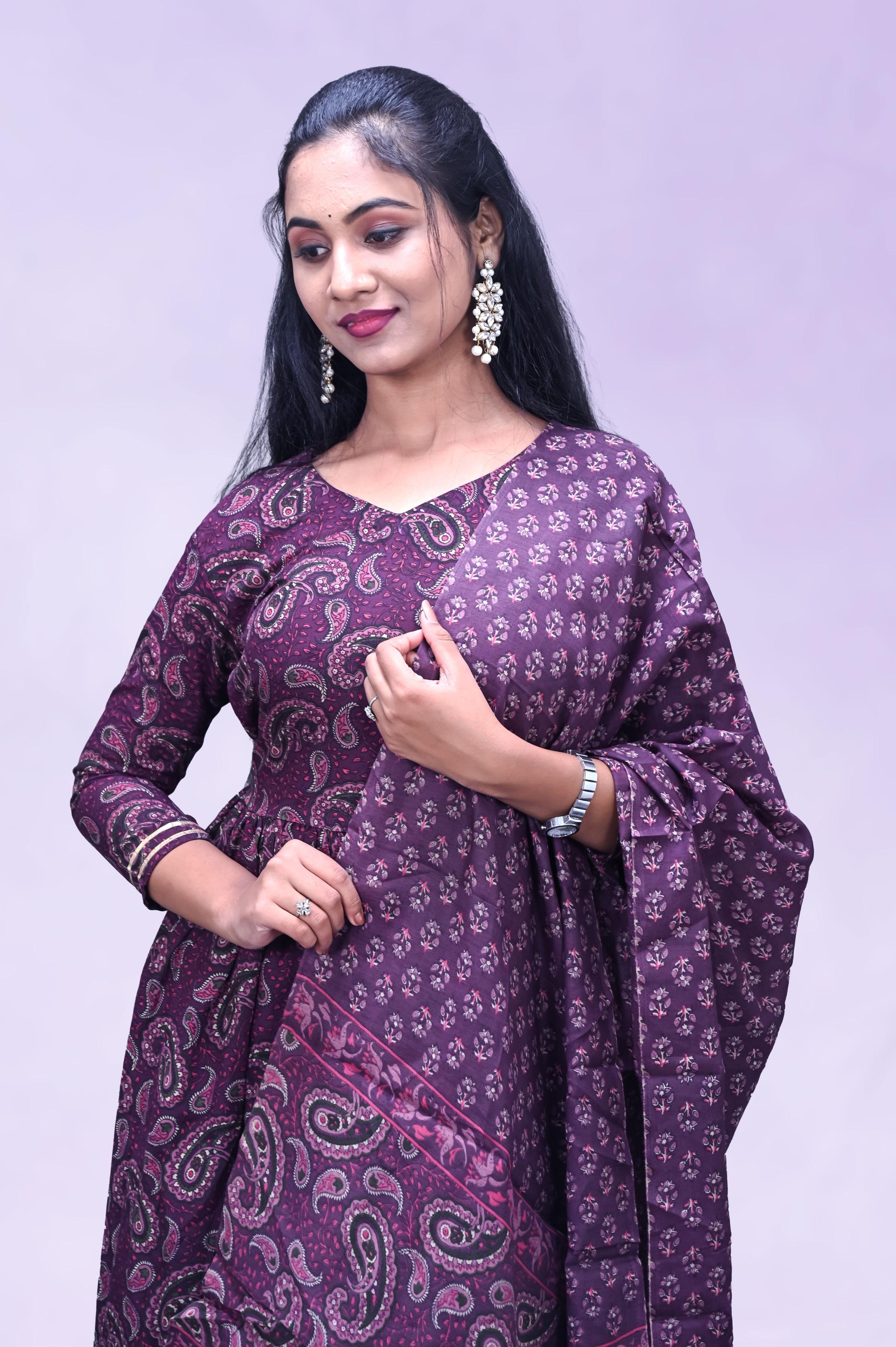 Purple Floral Printed  Suit Set