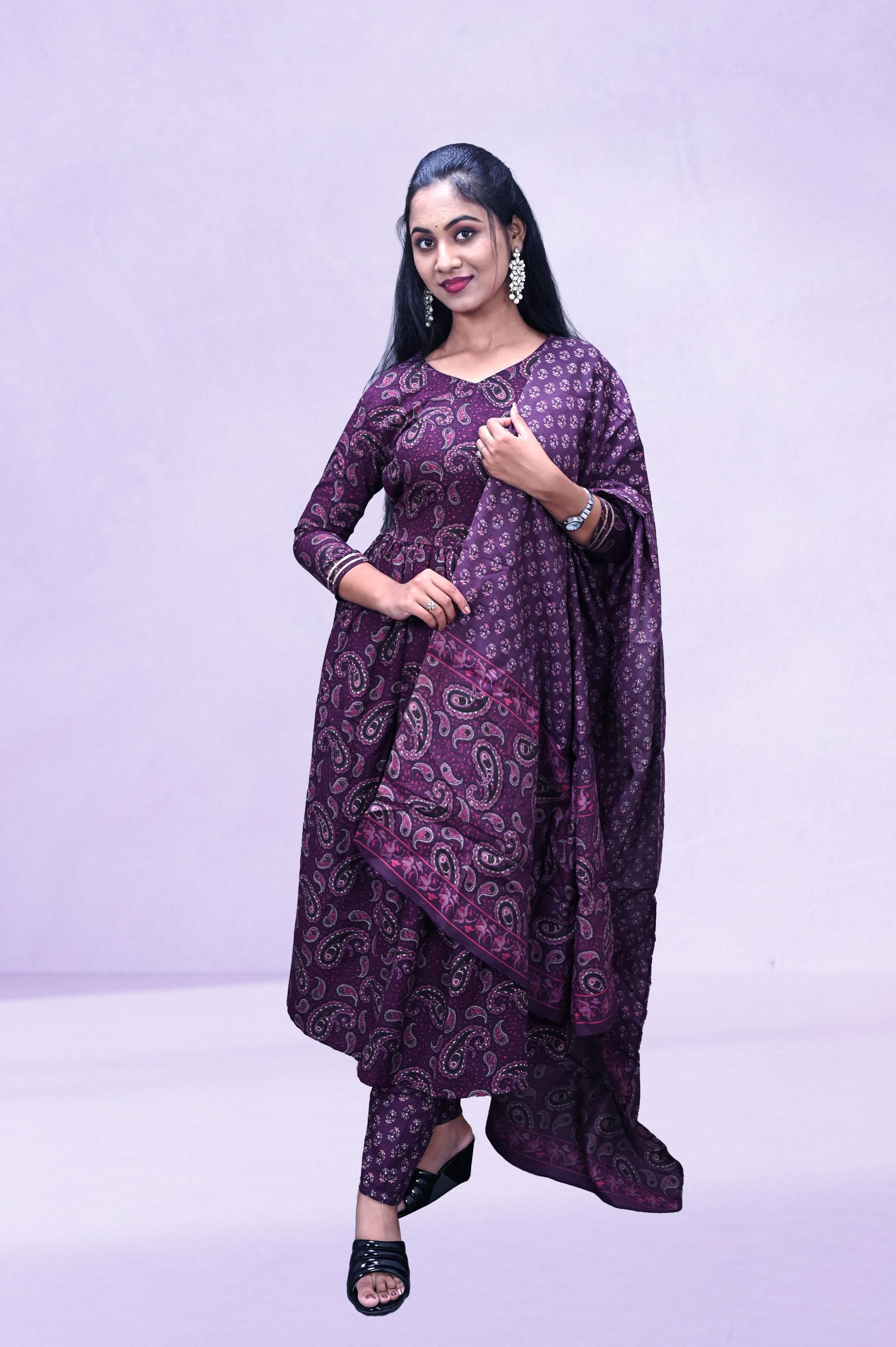 Purple Floral Printed  Suit Set