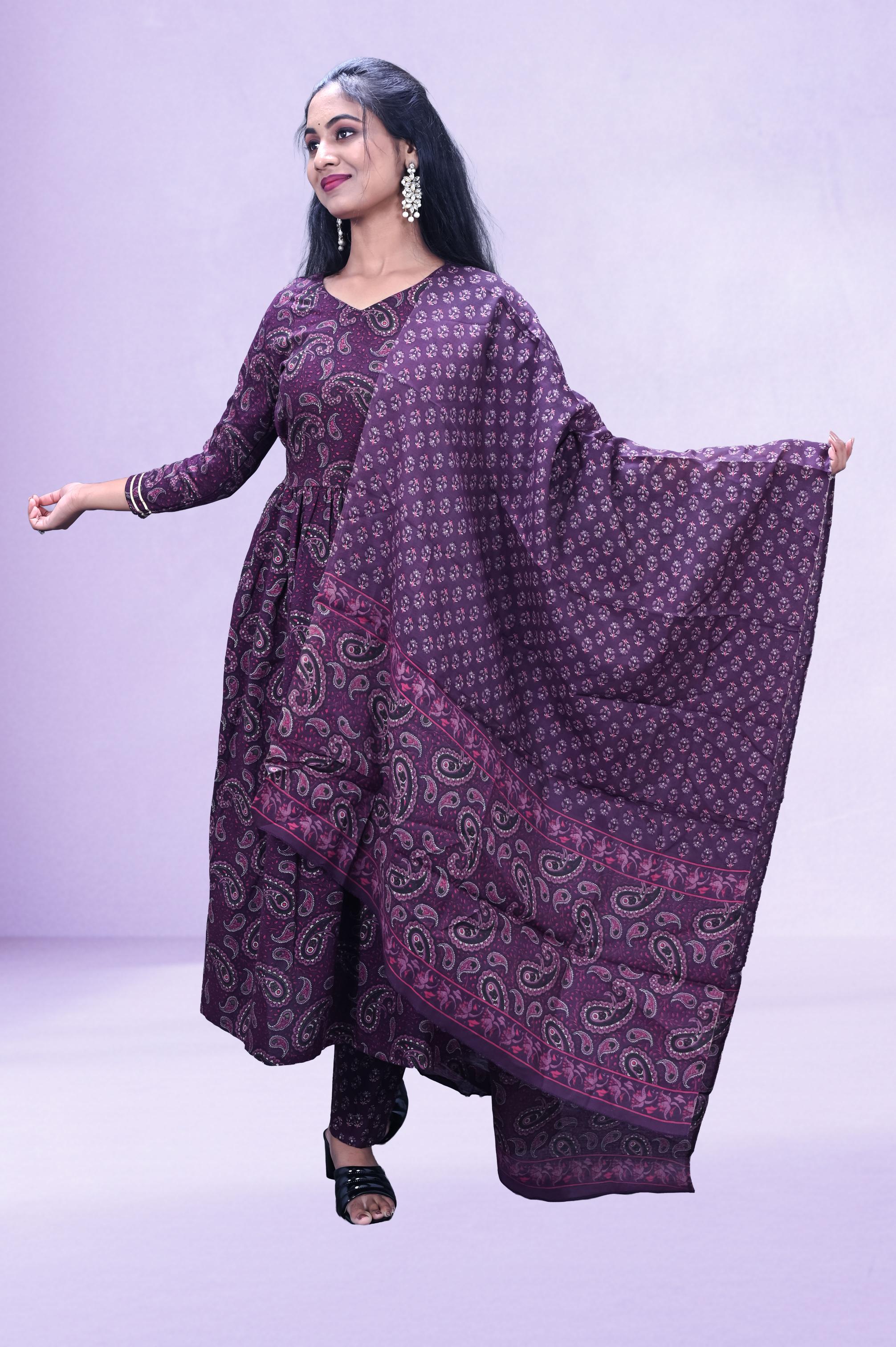 Purple Floral Printed  Suit Set