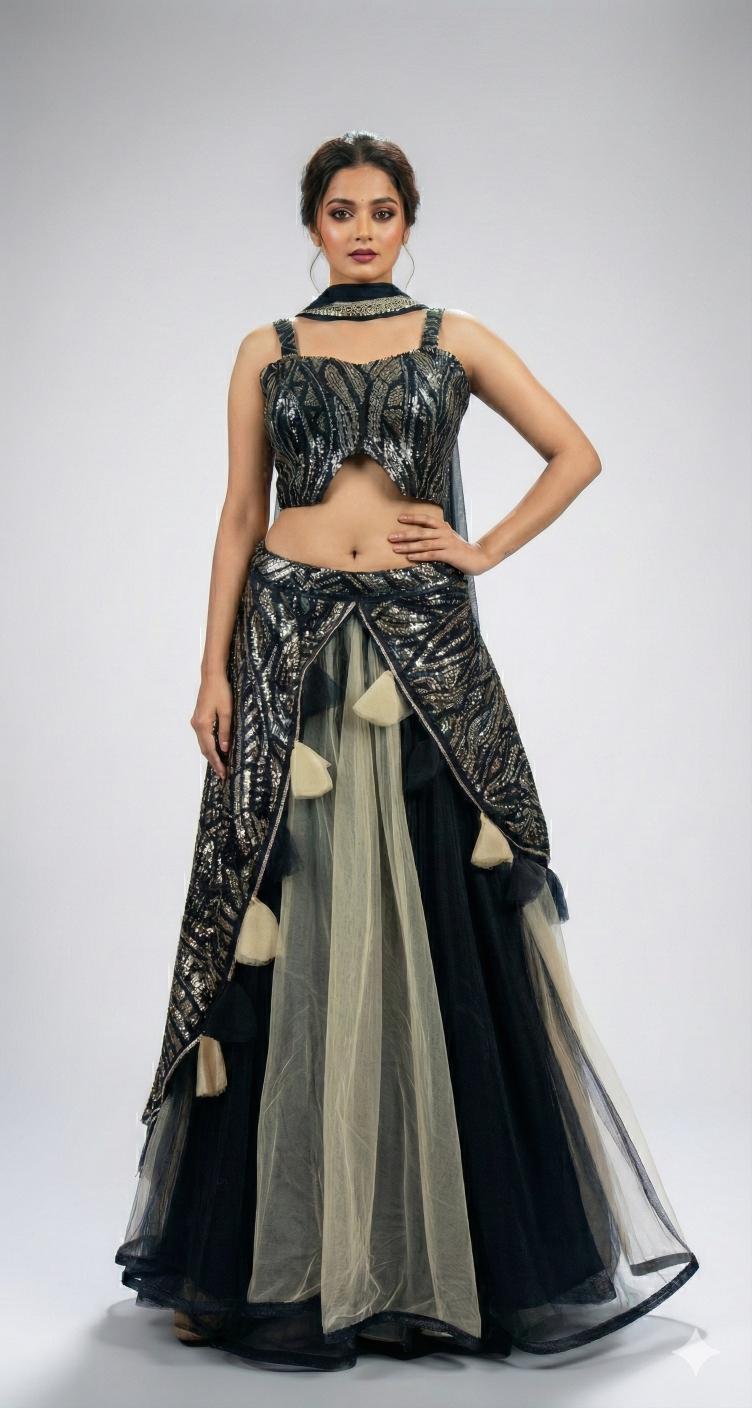 Black and Silver Sequins Embroidered Indo Western Lahenga Set