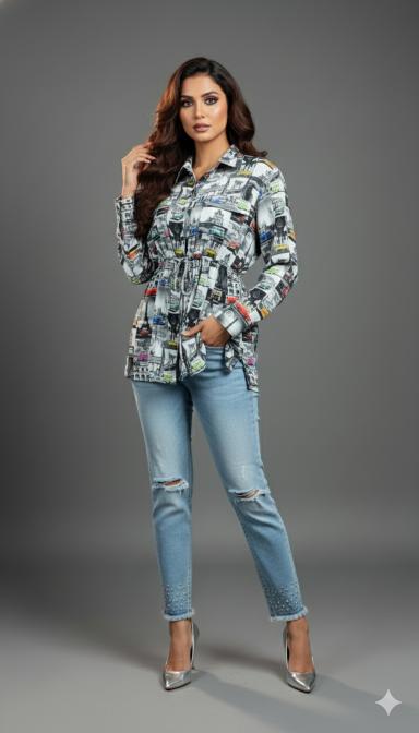 Cityscape Print Drawstring Shirt