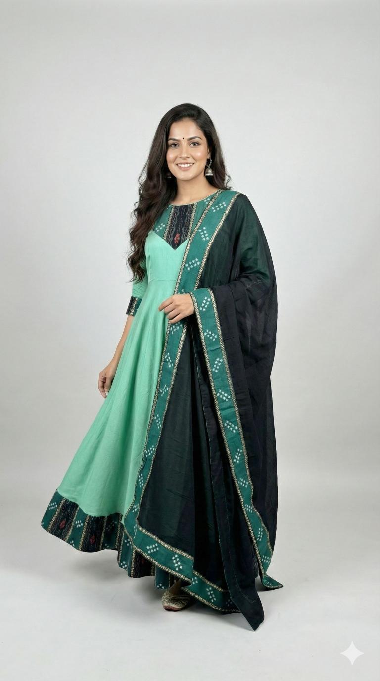 Mint Green Sambalpuri Anarkali Suit with Black Dupatta