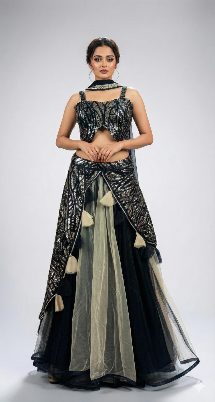Black and Silver Sequins Embroidered Indo Western Lahenga Set