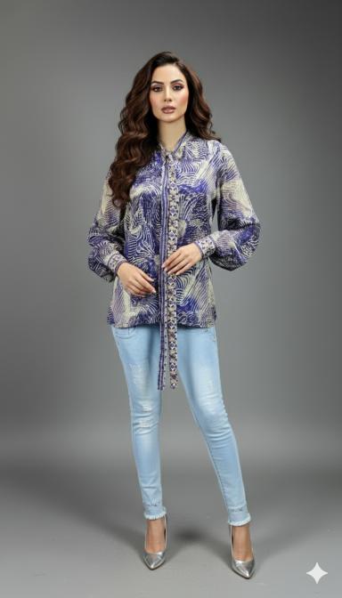 Blue Tie-Neck Satin Shirt