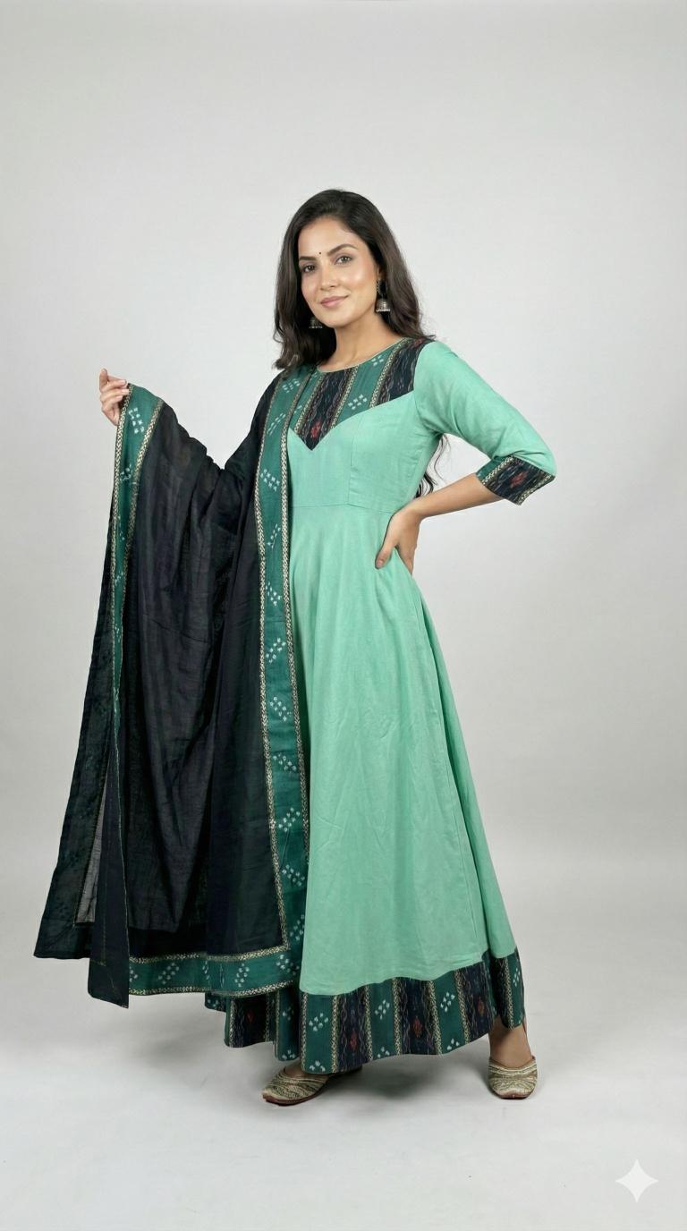 Mint Green Sambalpuri Anarkali Suit with Black Dupatta