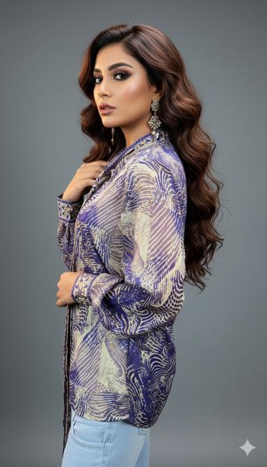Blue Tie-Neck Satin Shirt