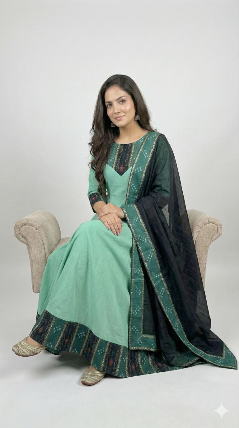 Mint Green Sambalpuri Anarkali Suit with Black Dupatta