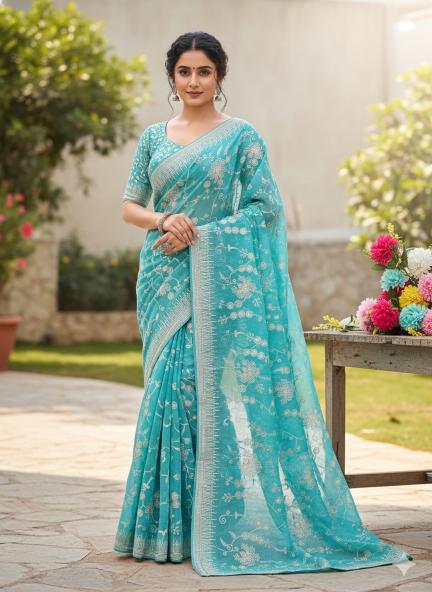 Aqua Silver Bloom Embroidered Saree