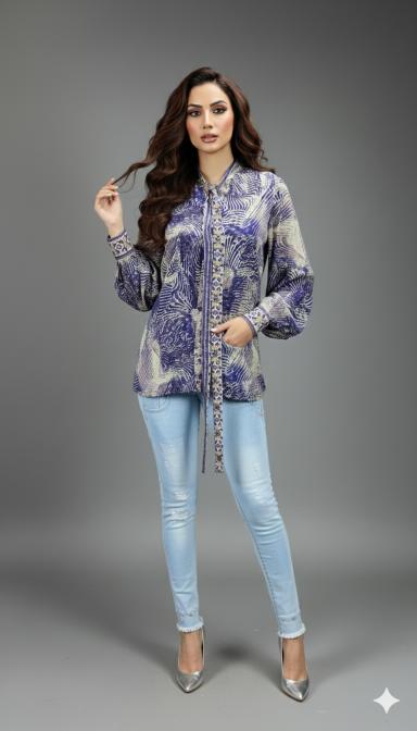 Blue Tie-Neck Satin Shirt