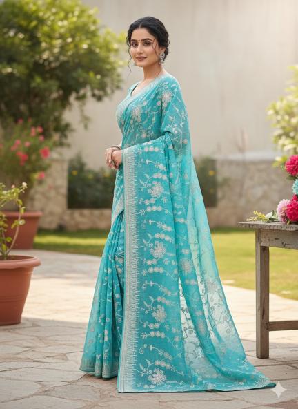 Aqua Silver Bloom Embroidered Saree