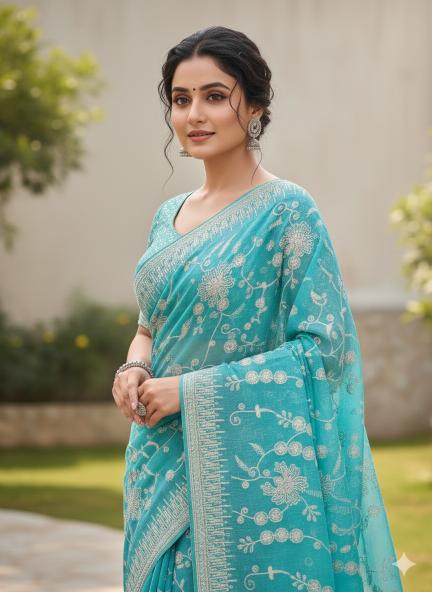Aqua Silver Bloom Embroidered Saree