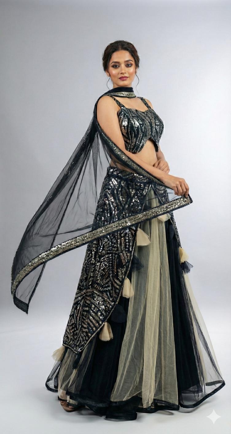 Black and Silver Sequins Embroidered Indo Western Lahenga Set