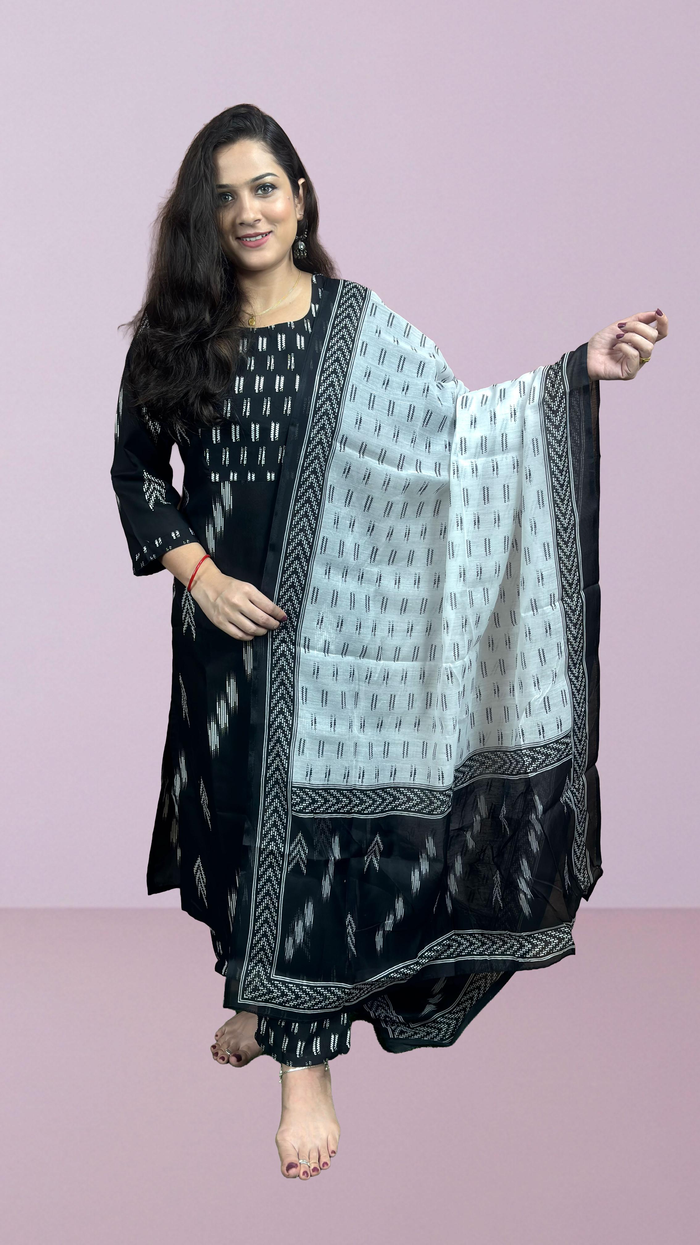 Black & White Ikat Printed Suit Set