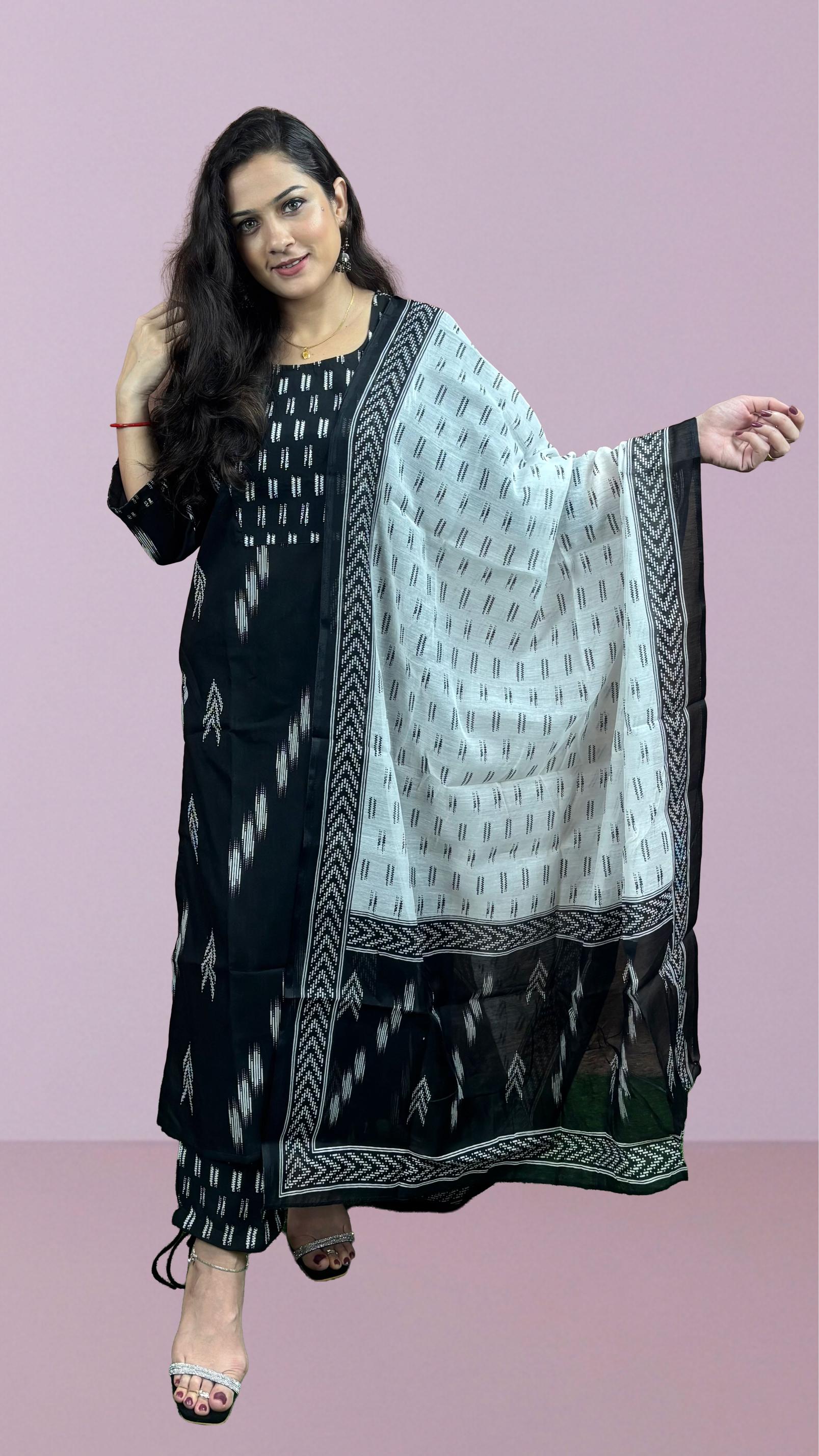 Black & White Ikat Printed Suit Set