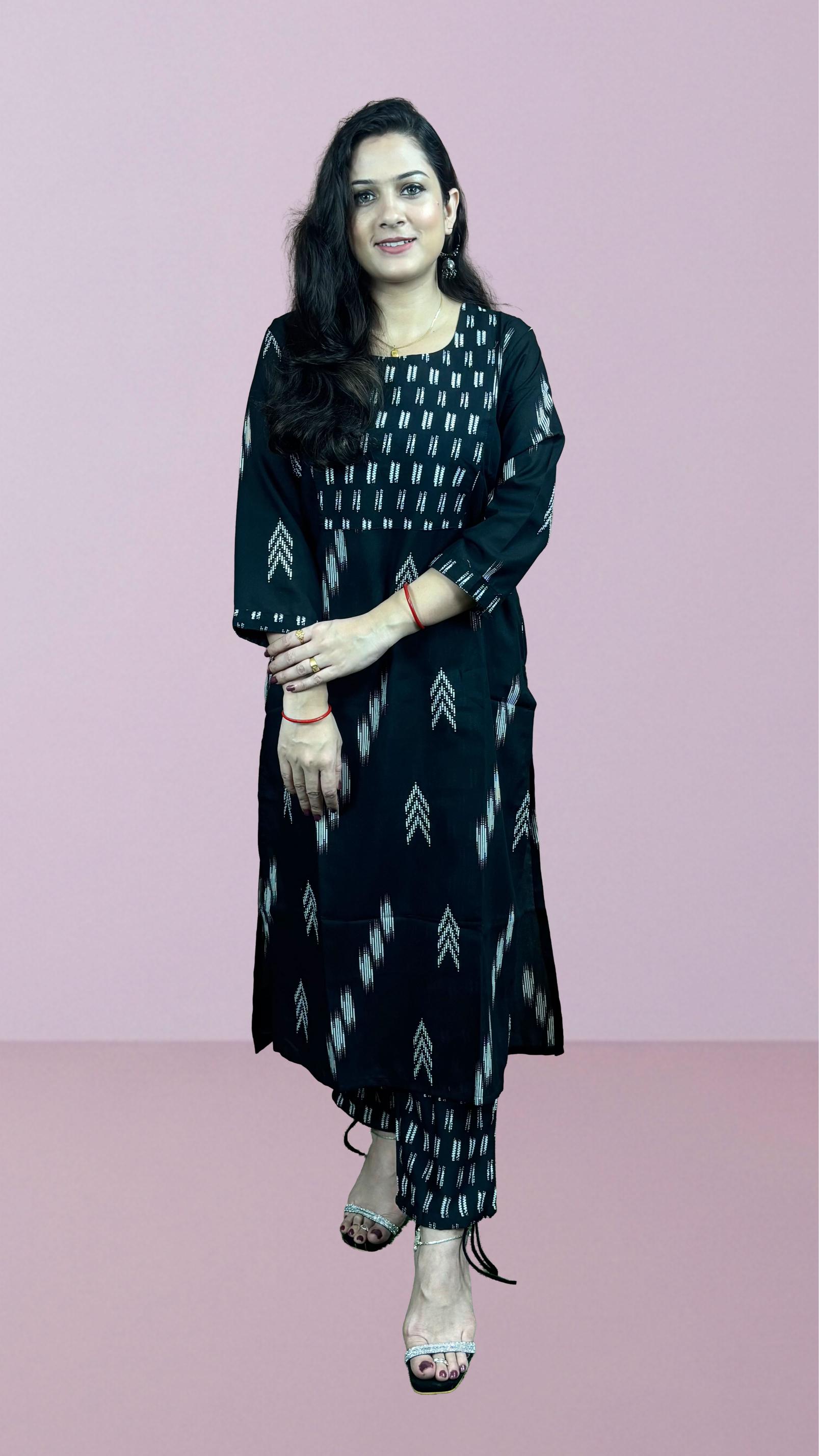 Black & White Ikat Printed Suit Set