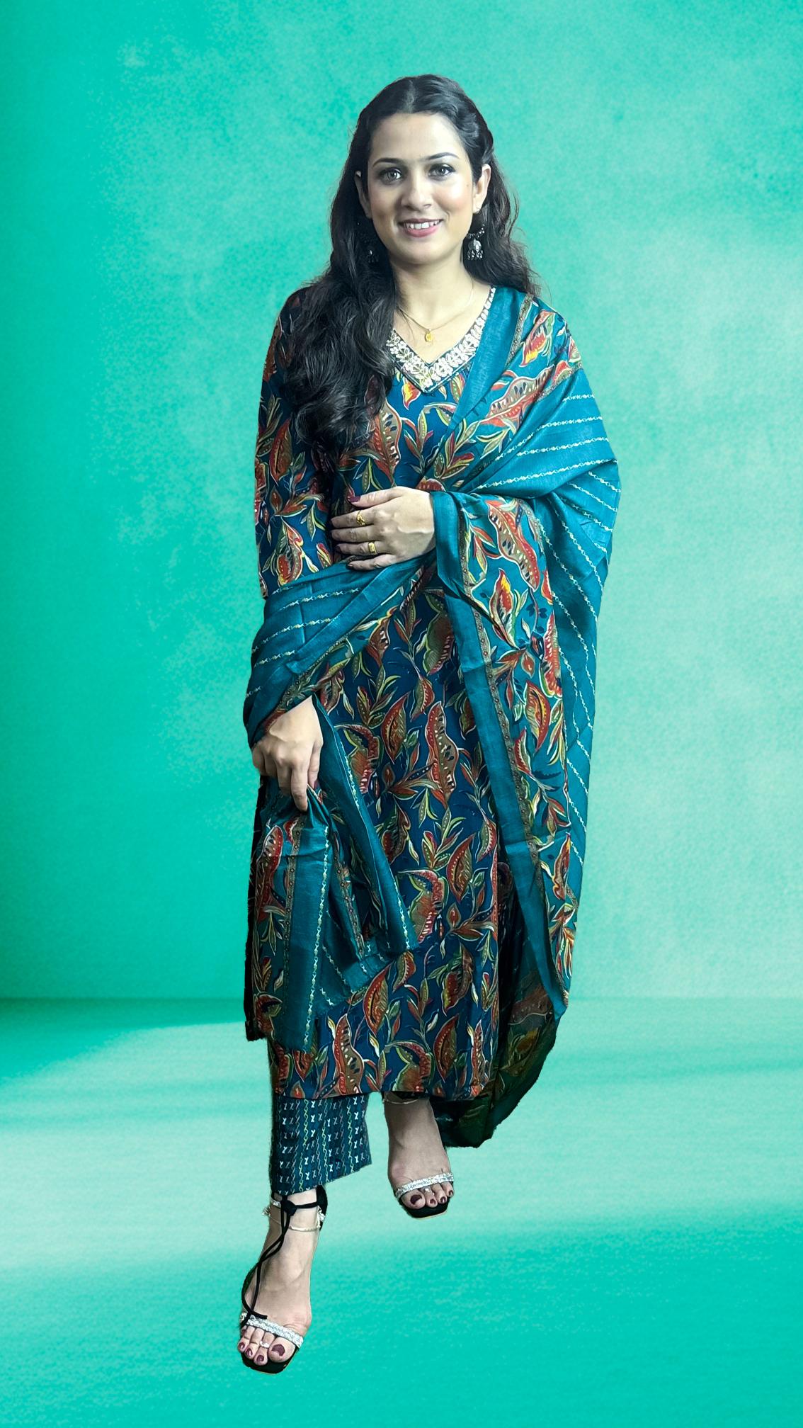 Teal Blue Floral Printed Suit Set