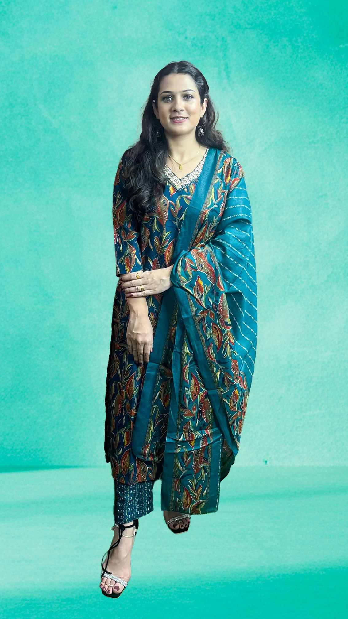 Teal Blue Floral Printed Suit Set