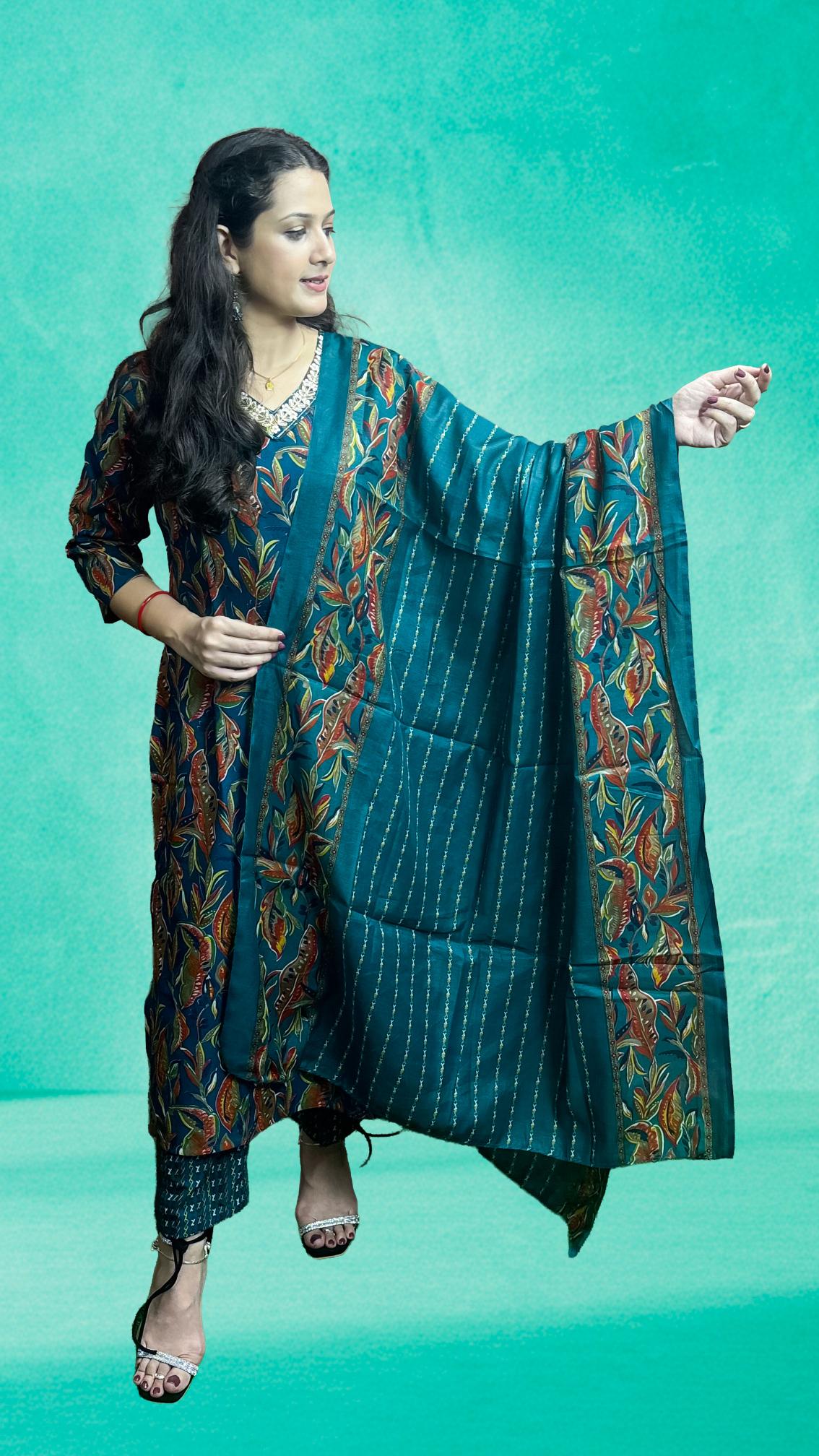 Teal Blue Floral Printed Suit Set