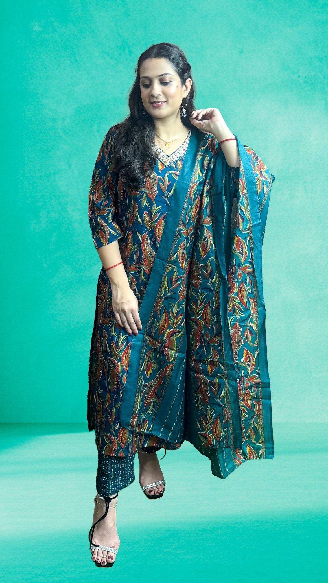 Teal Blue Floral Printed Suit Set