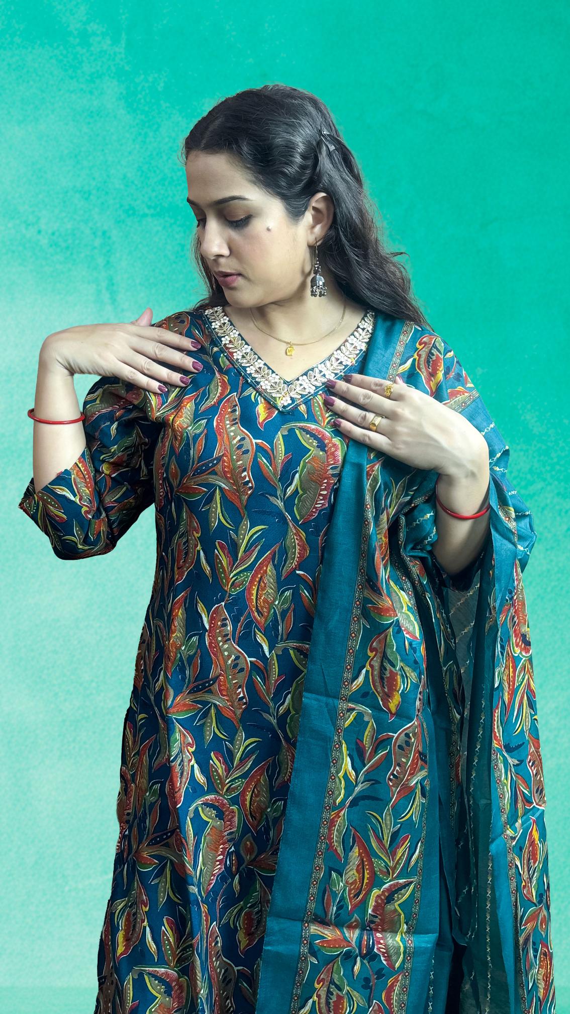 Teal Blue Floral Printed Suit Set