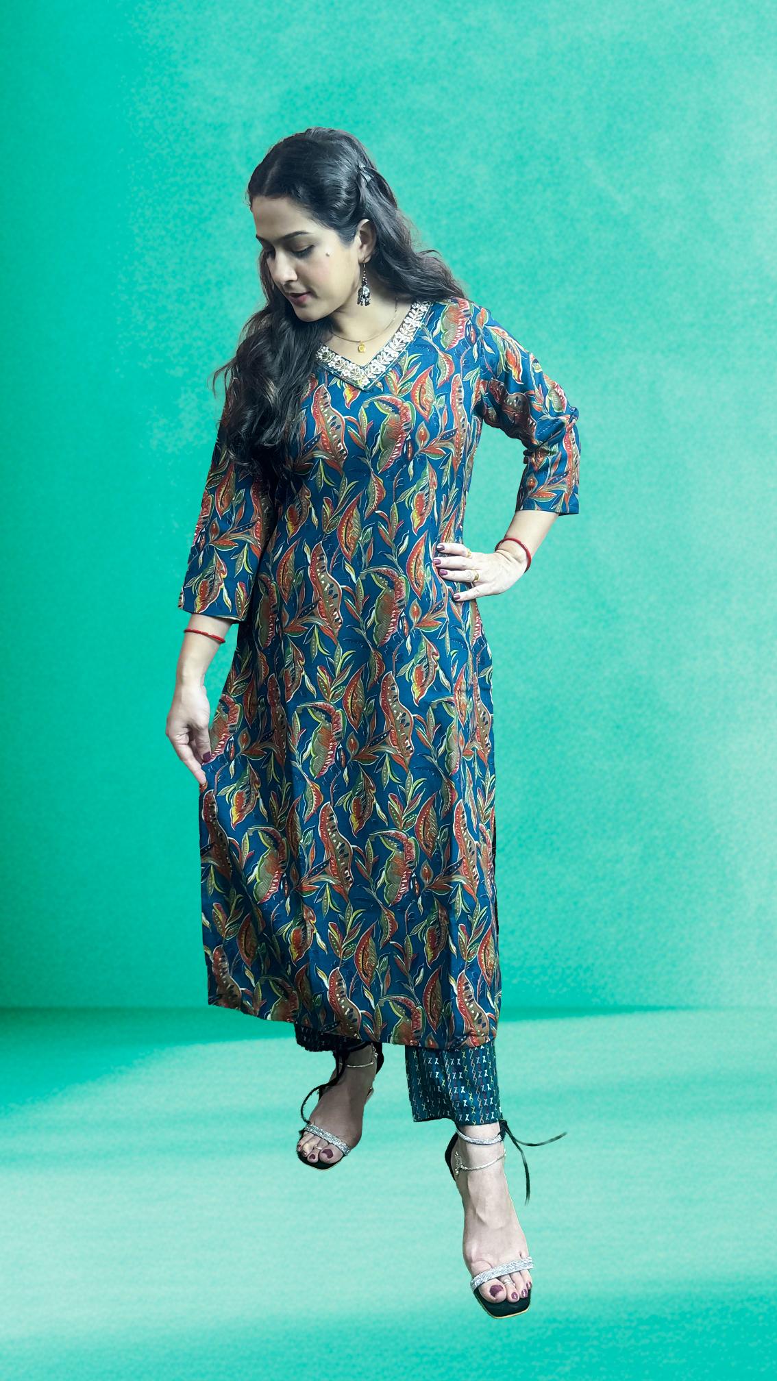 Teal Blue Floral Printed Suit Set