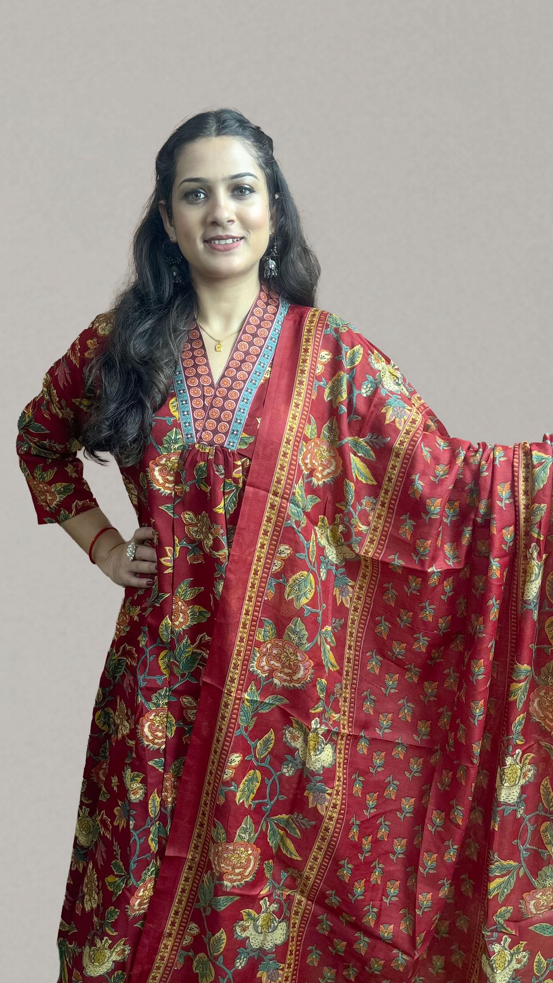 Maroon Floral Printed Anarkali Suit Set