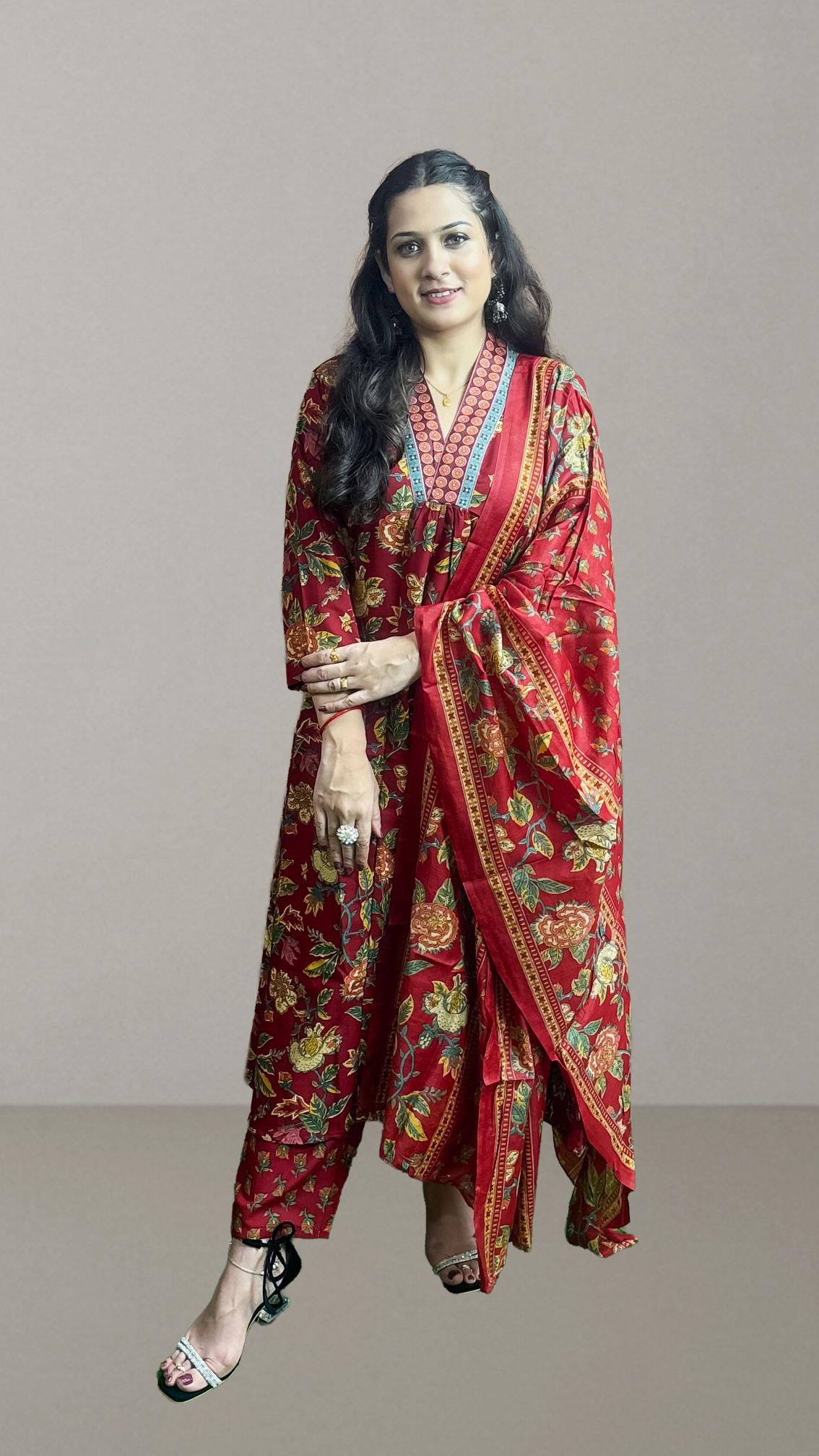 Maroon Floral Printed Anarkali Suit Set